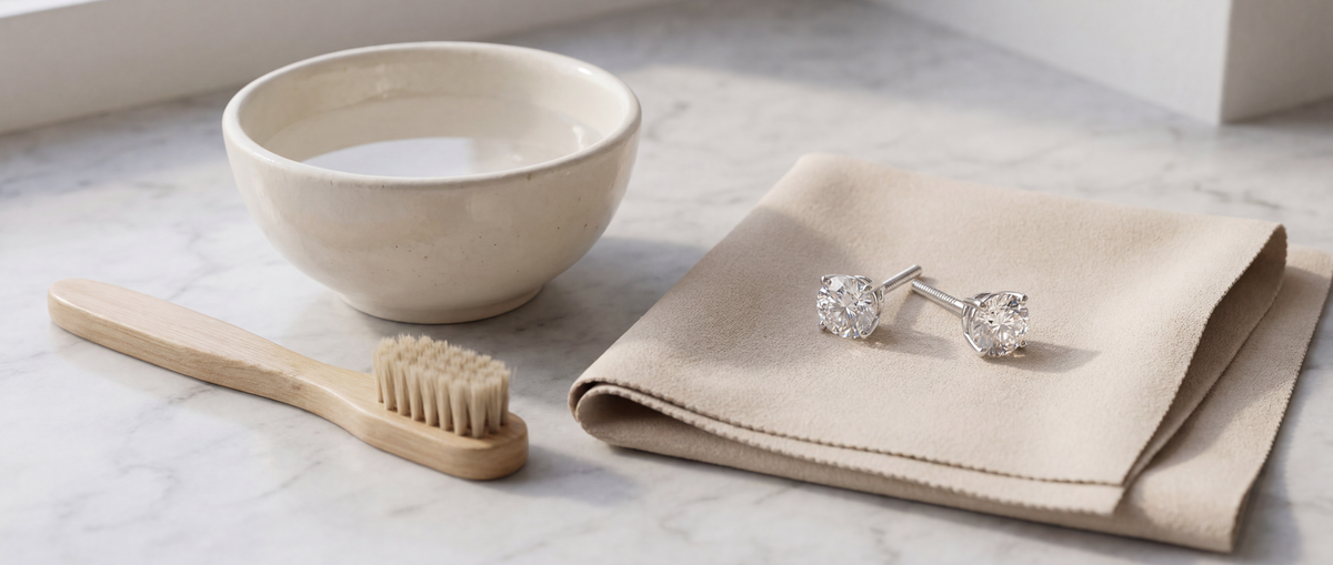 Image of Lab Grown Diamond Studs Being Cleaned