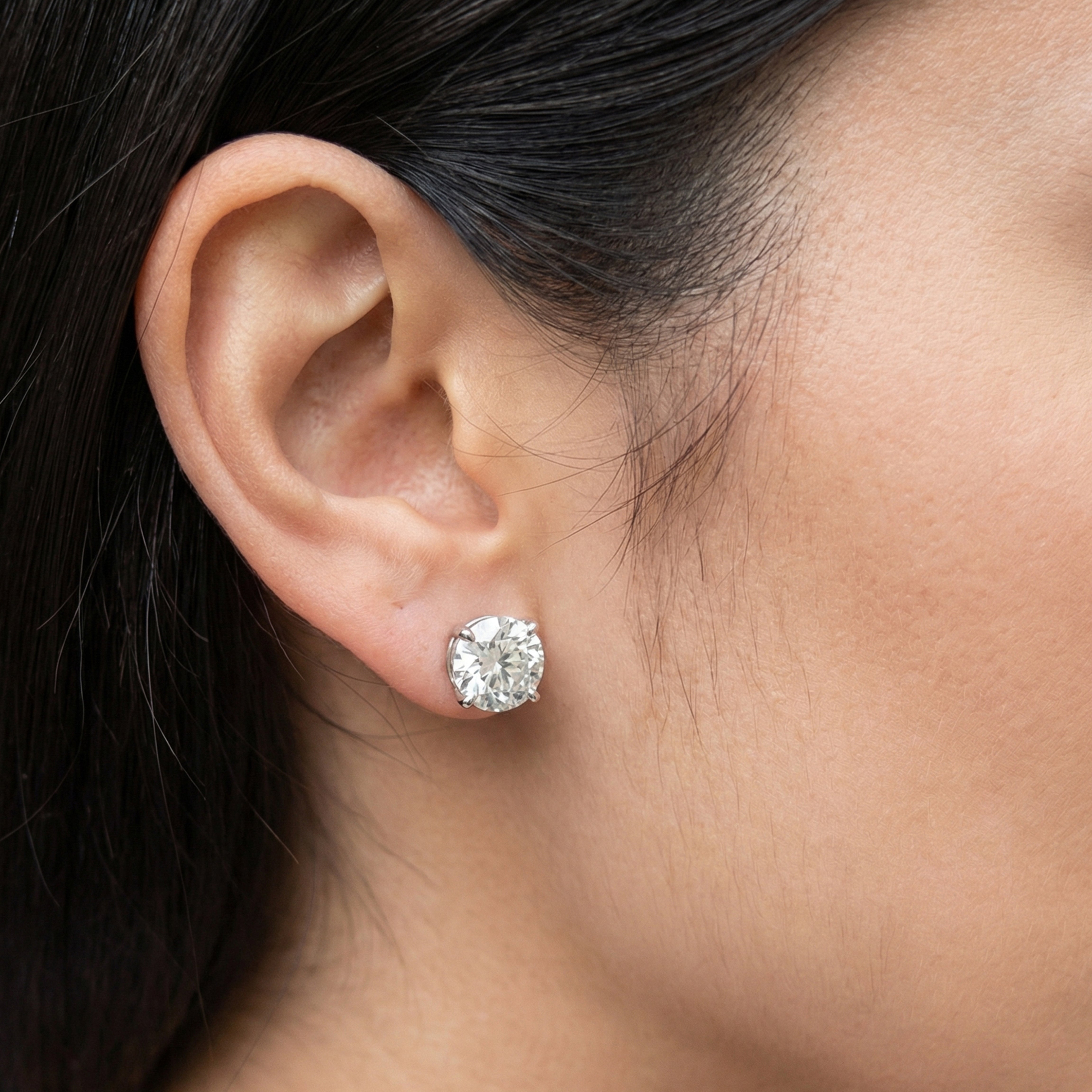 10 carat round lab grown diamond stud earring in 14k white gold on ear - Michael Gabriels