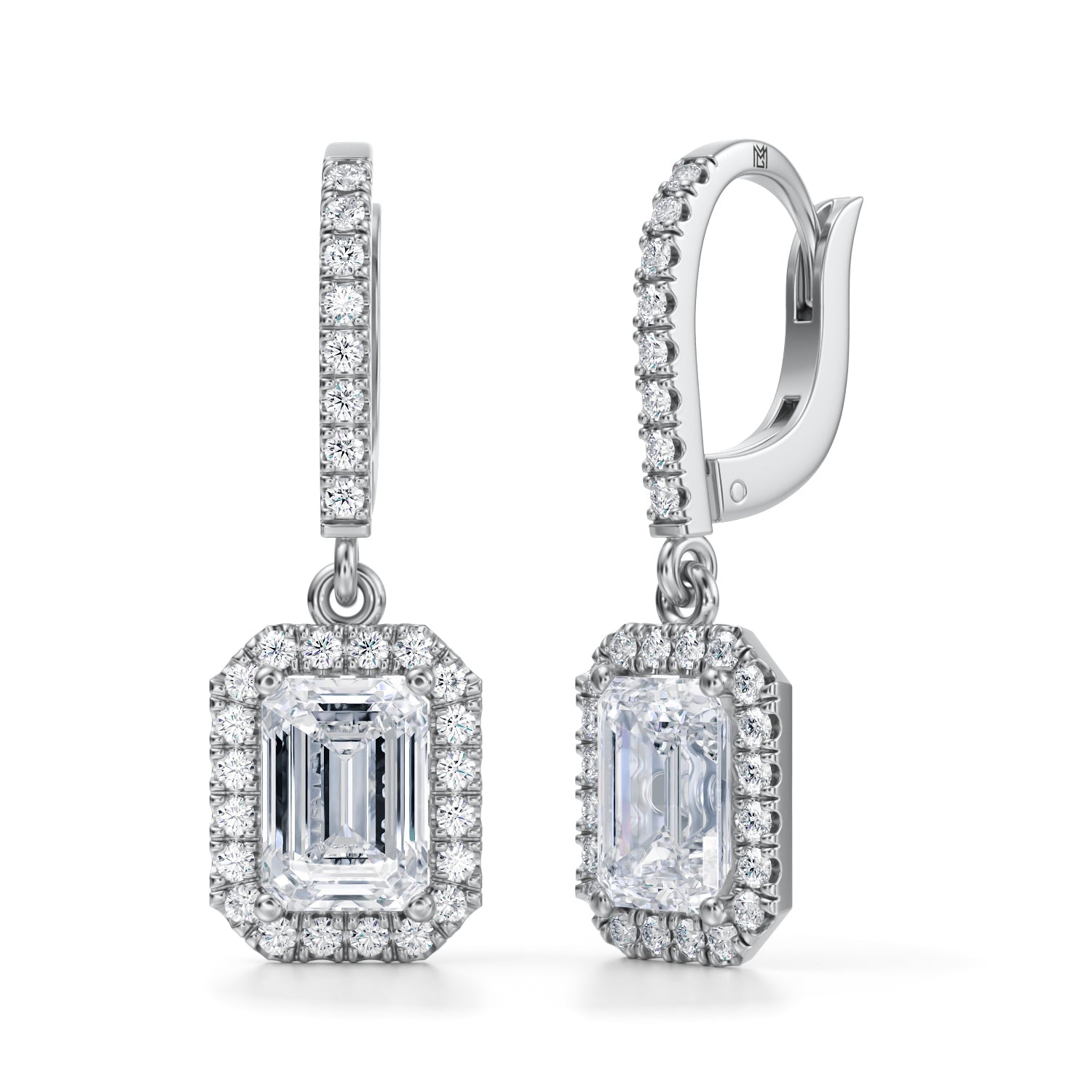 2 1/2 Carat Emerald Halo Drop Earrings - Michael Gabriels