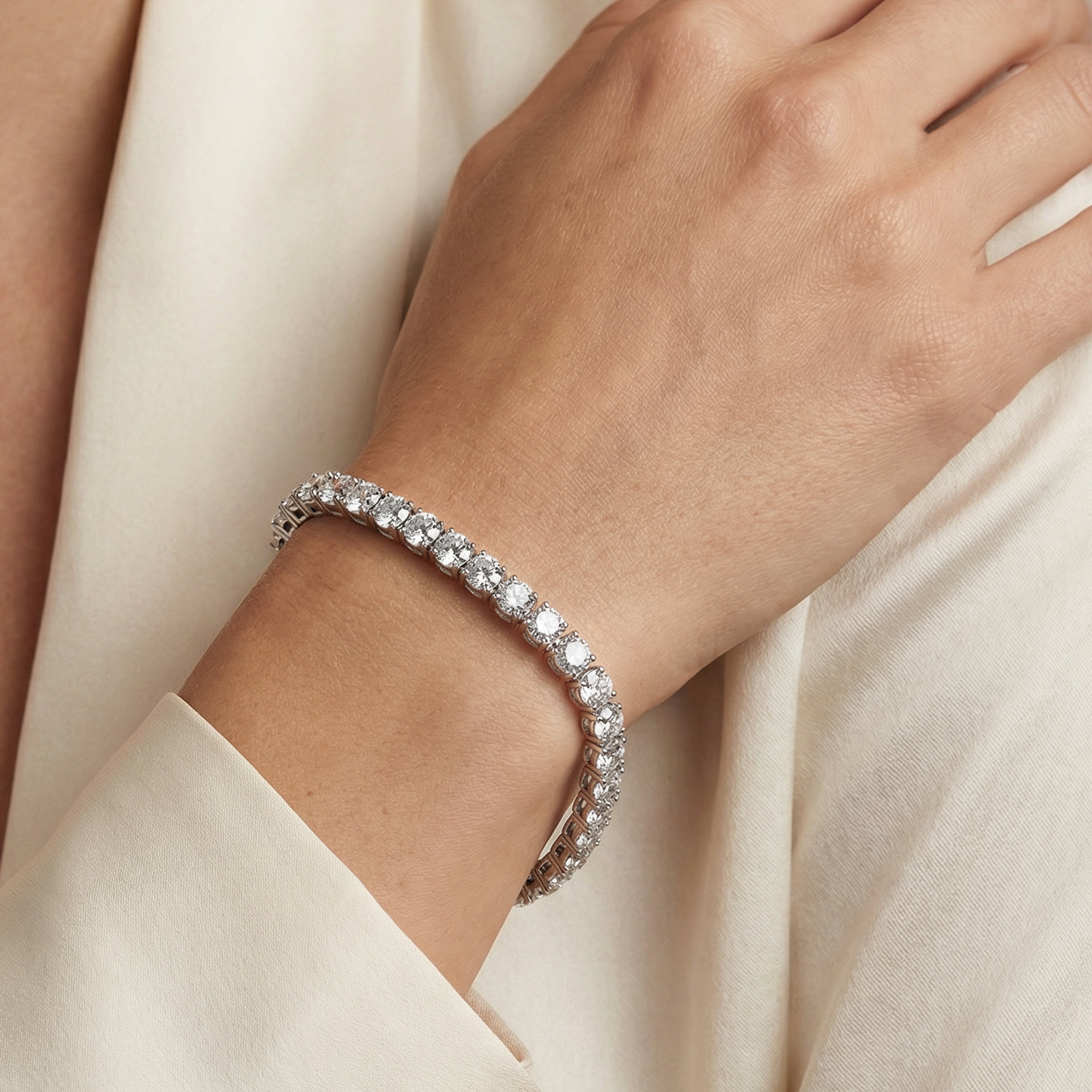 26 carat round lab grown diamond tennis bracelet in 14k white gold on wrist by Michael Gabriels