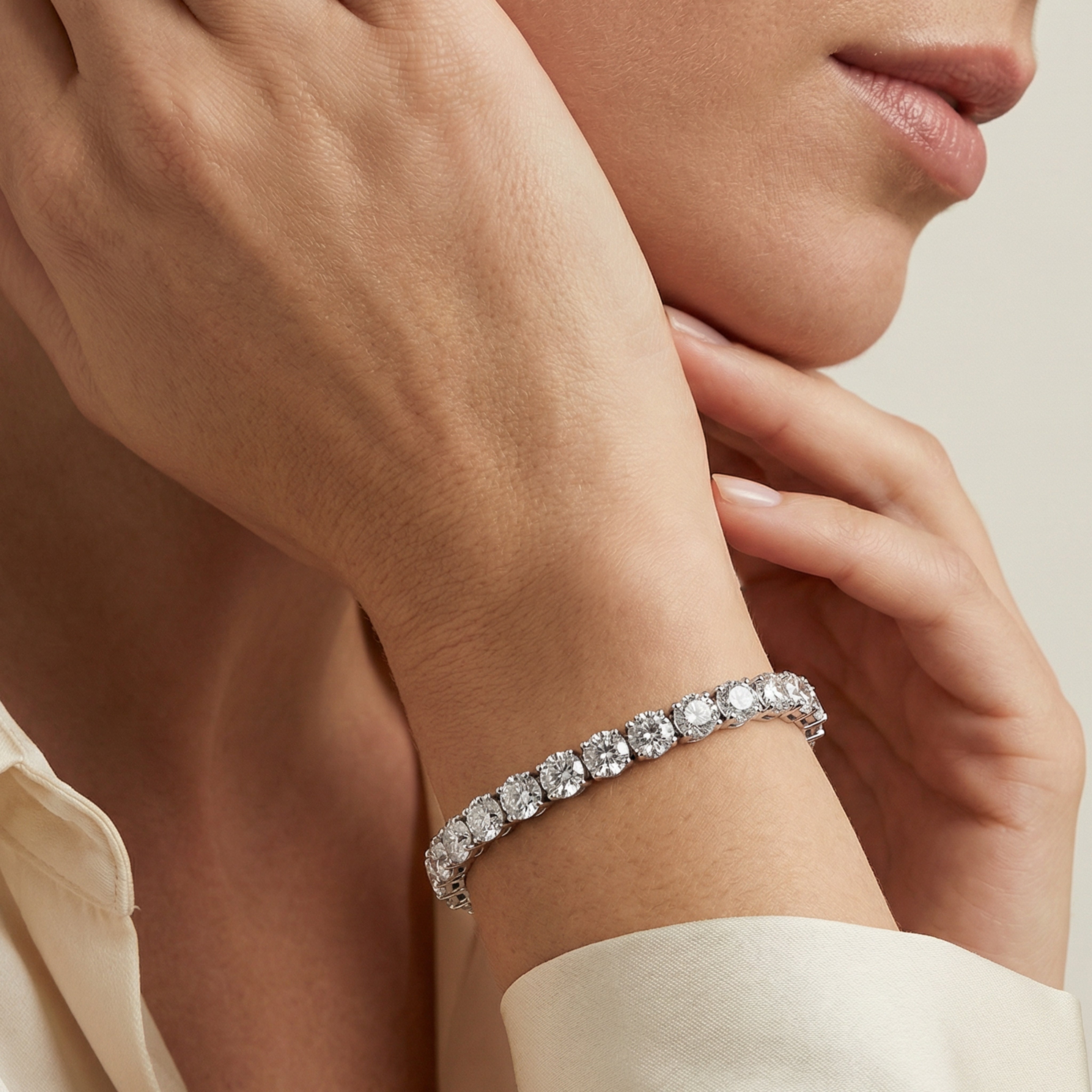 30 carat round lab grown diamond tennis bracelet in 14k white gold on wrist by Michael Gabriels