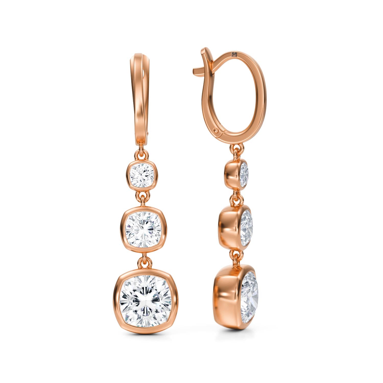 4 Carat Cushion Three Stone Drop Earrings - Michael Gabriels