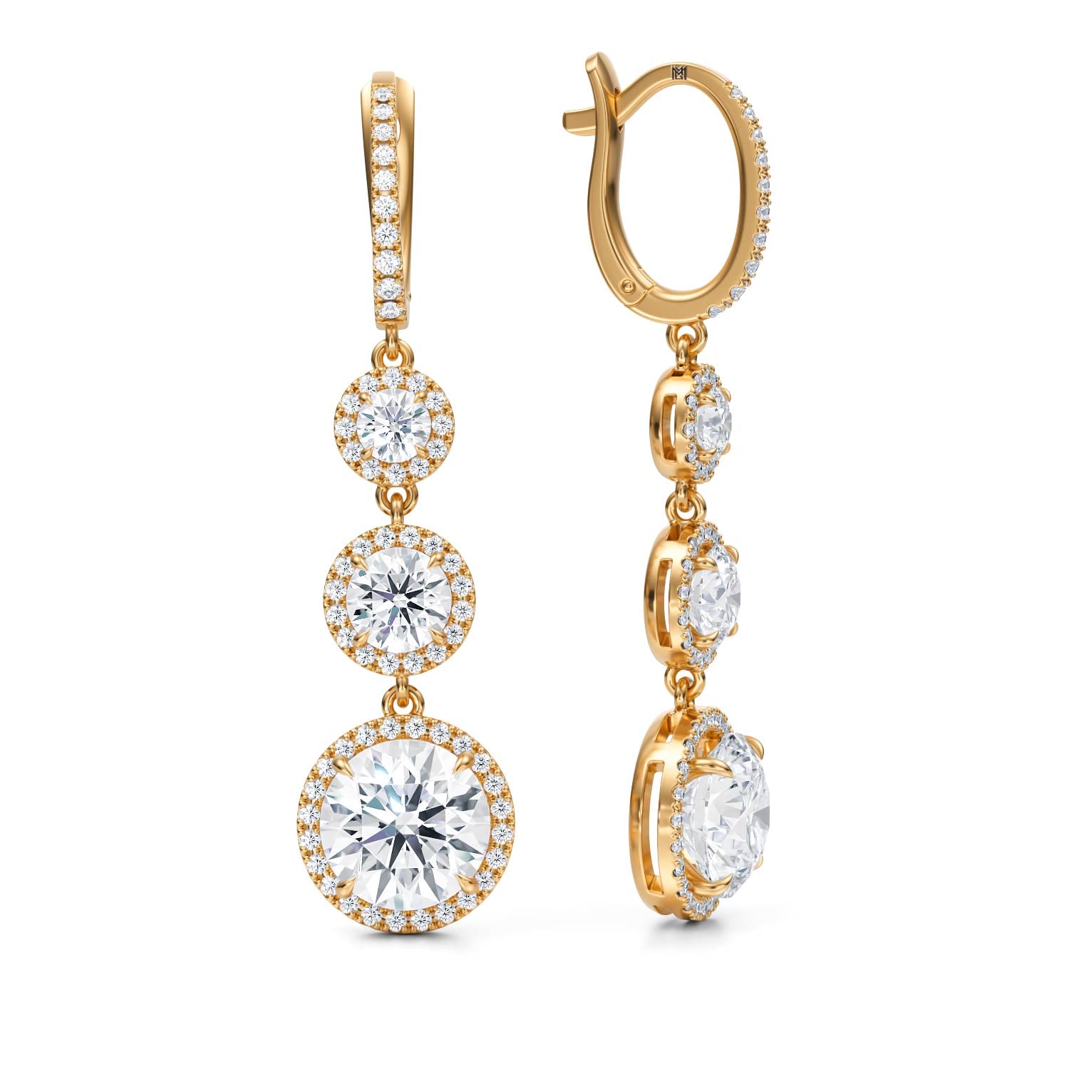 5 Carat Round Three Stone Halo Drop Earrings - Michael Gabriels
