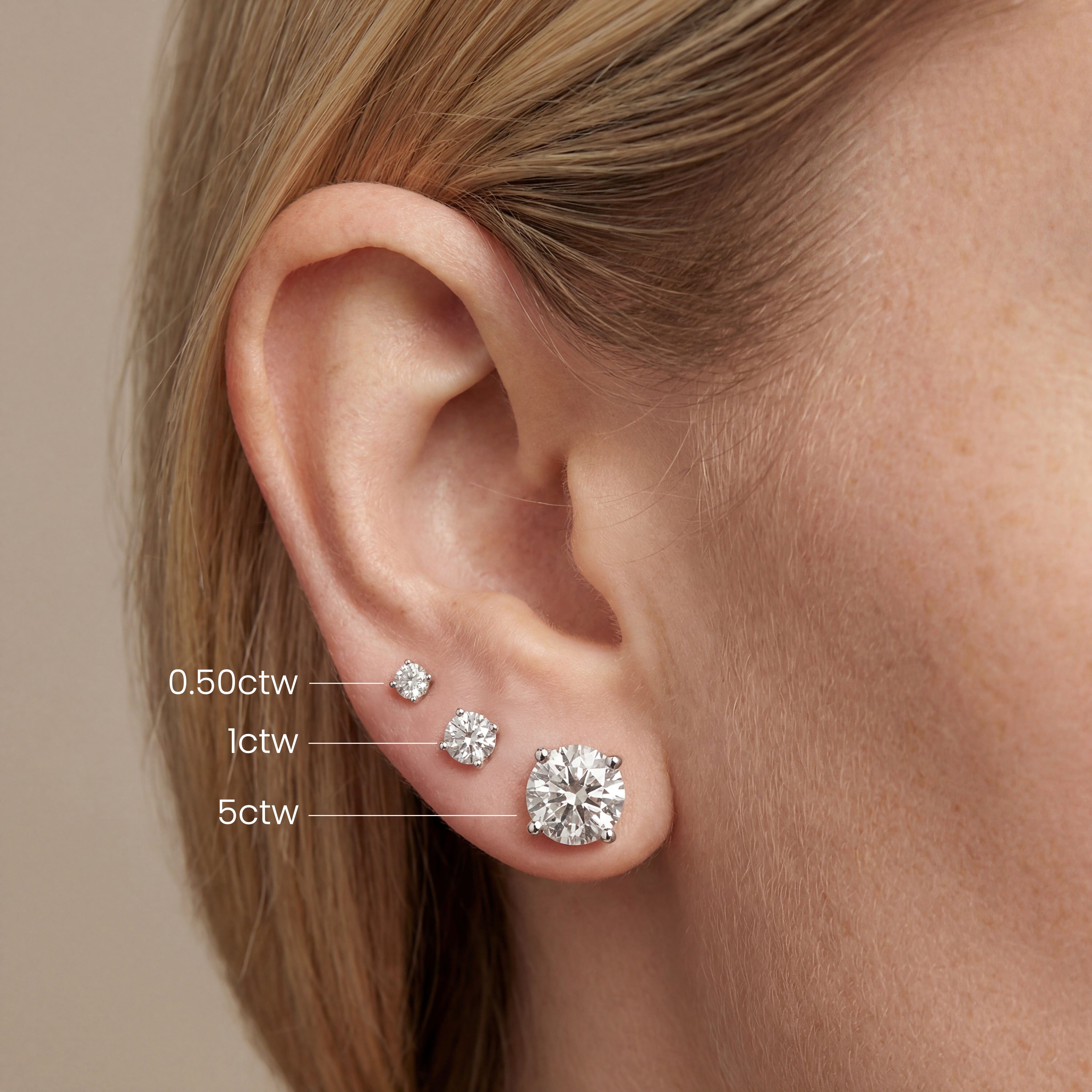 an ear with 0.50, 1, and 5 carat round lab grown diamond stud earrings, showing size comparison by Michael Gabriels