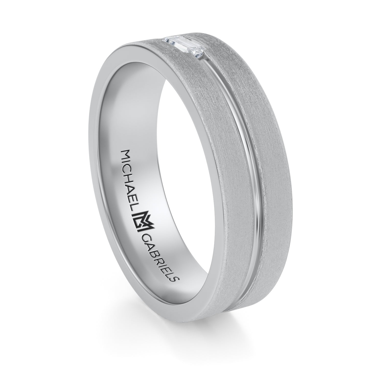 6mm Inlaid Grooved Baguette Matte Wedding Band - Michael Gabriels