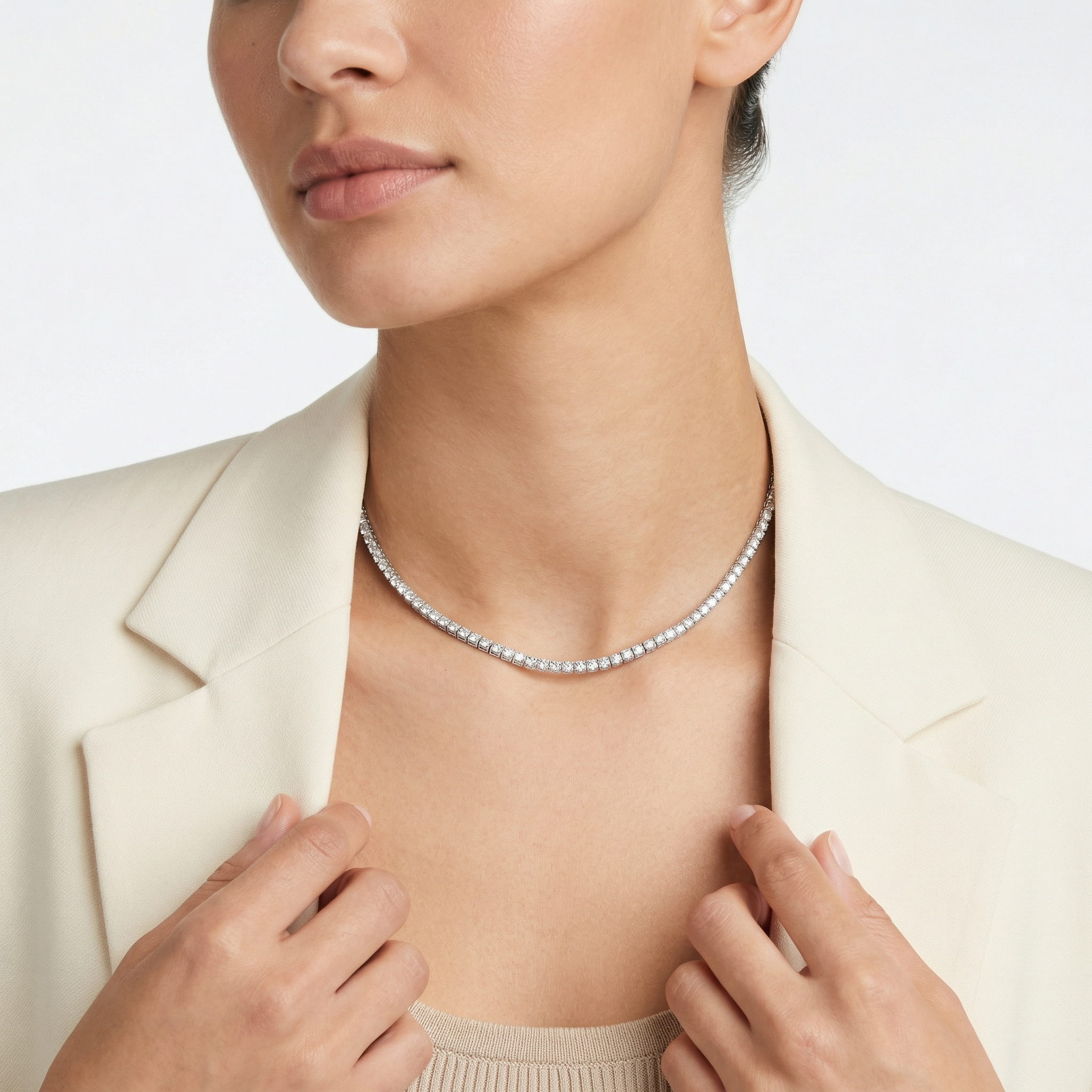 7 carat round lab grown diamond tennis necklace in 14k white gold on neck by Michael Gabriels
