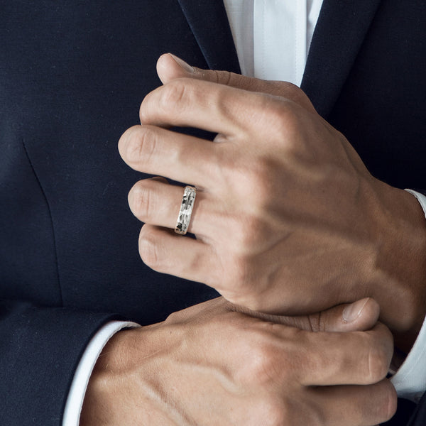 5mm Mens Wedding Band - Hammered High Polish on finger