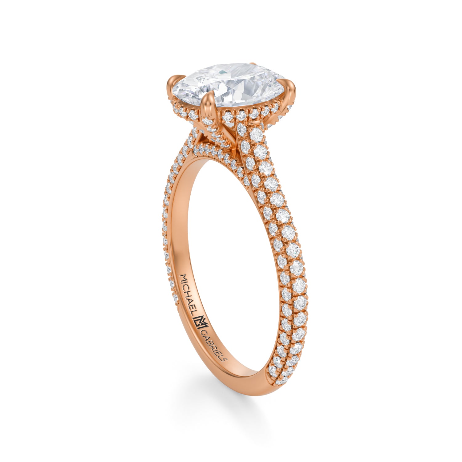 Oval Trio Pave Cathedral Ring With Pave Basket