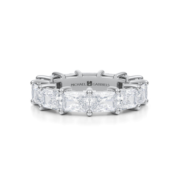 White gold eternity band with radiant lab-grown diamonds.