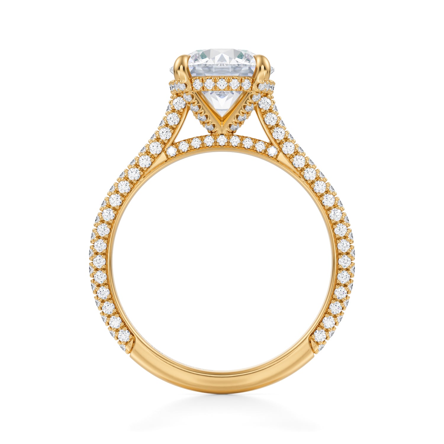 Round Trio Pave Cathedral Ring With Pave Basket