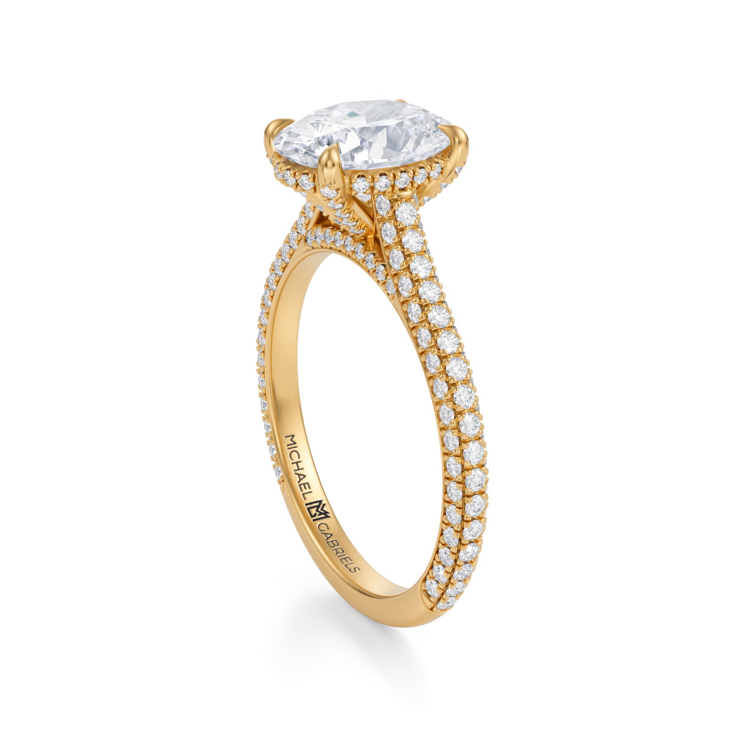 Oval Trio Pave Cathedral Ring With Pave Basket