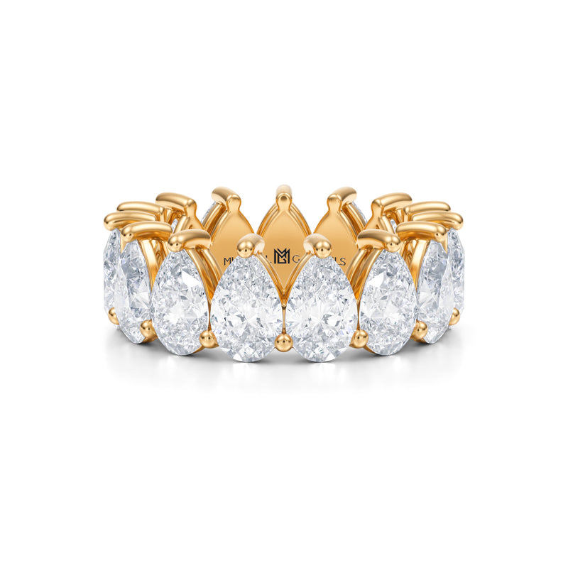 Yellow gold eternity band with vertical pear lab-grown diamonds.