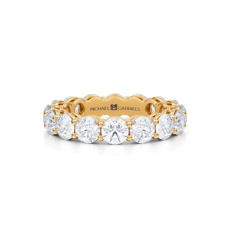 Small round lab diamond eternity band in yellow gold.