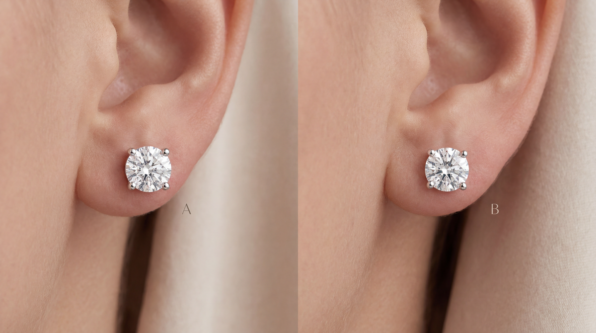 Image showing both Lab Grown Diamond and Mined Diamond Stud Earrings on Ear