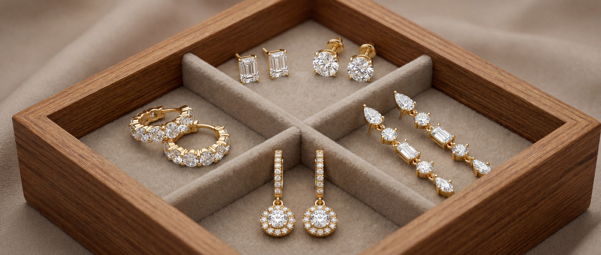 Image showing lab grown diamond sstuds, hoops, huggies, and drop earrings