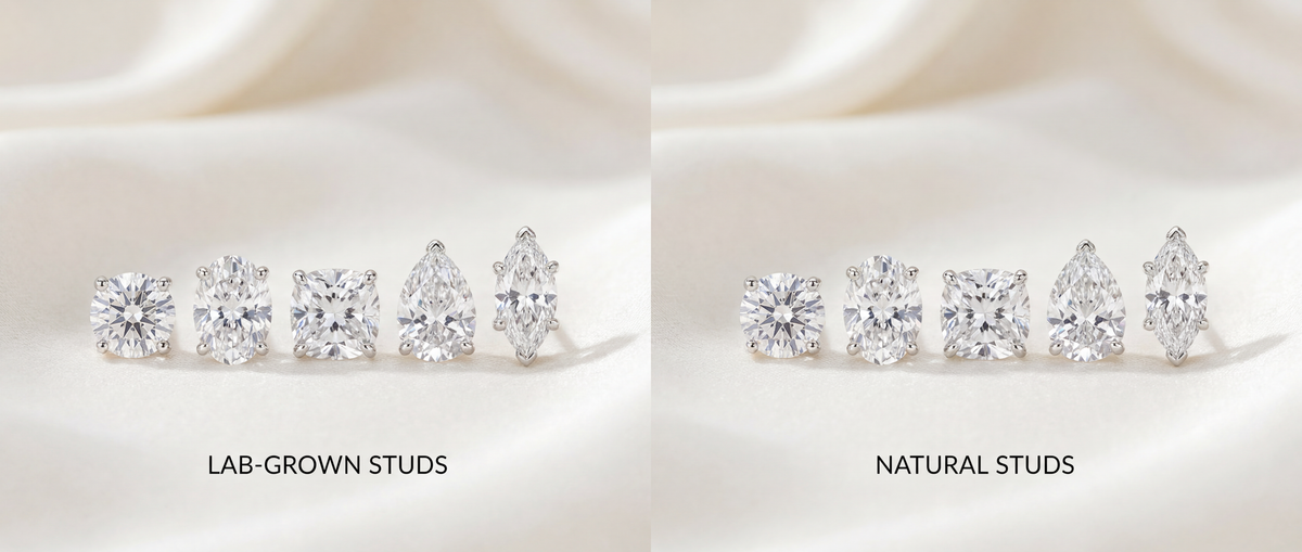 Image showing both Lab Grown and Mined Diamond Stud Earrings in different Shapes and Cuts