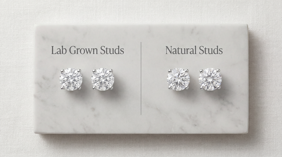 Top View Image showing Lab Grown Diamond Stud and Natural Stud Earrings