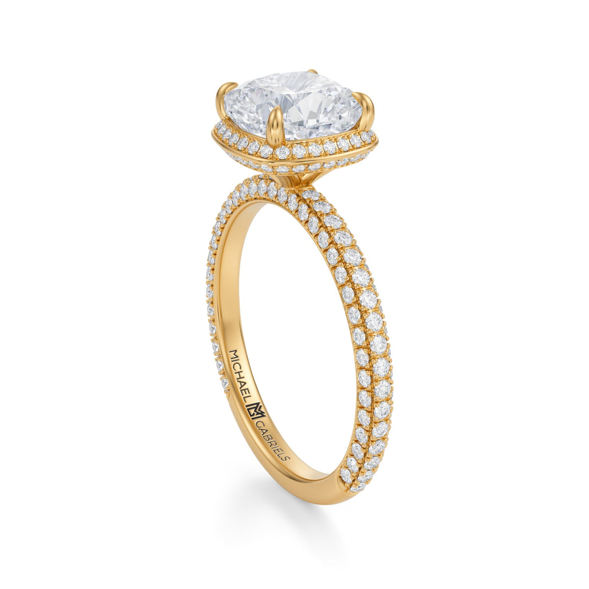 Cushion Knife Edge Halo With Trio Pave Ring (3.70 Carat E-VVS2) - Michael Gabriels