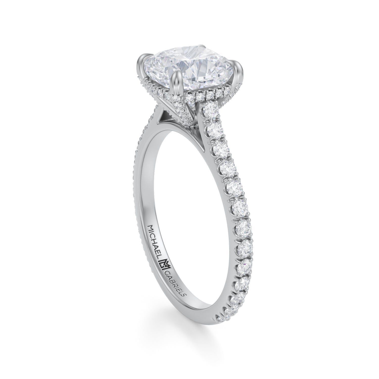 Cushion Pave Cathedral Ring With Pave Basket (2.70 Carat F-VVS2) - Michael Gabriels
