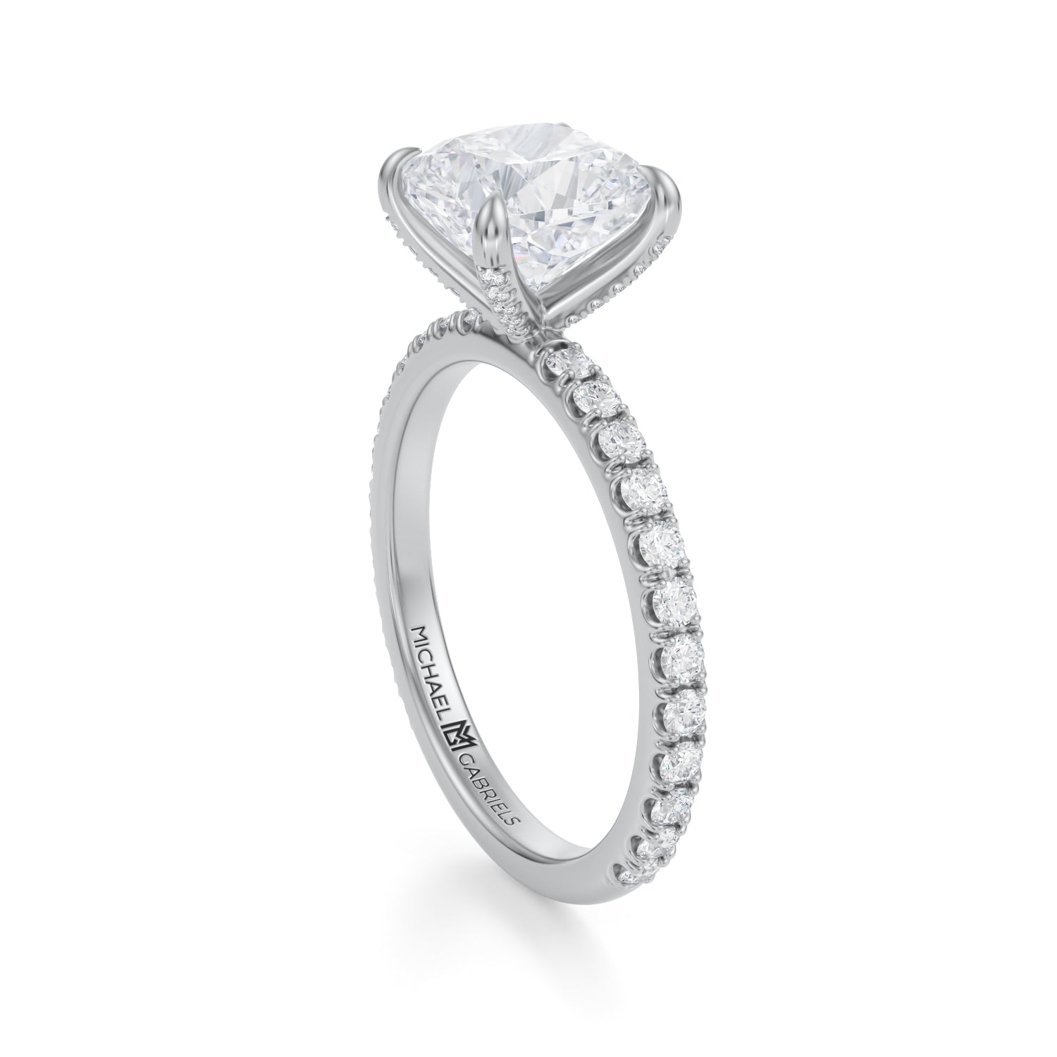 Cushion Pave Ring With Pave Prongs (3.50 Carat F-VVS2) - Michael Gabriels