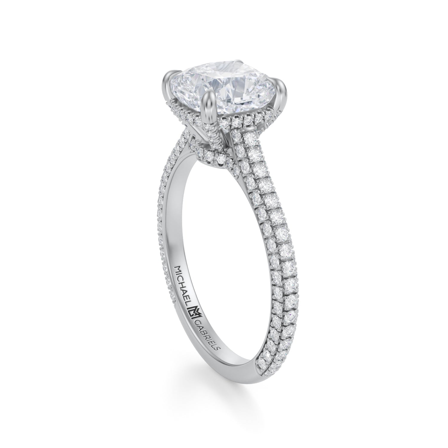 Cushion Trio Pave Cathedral Ring With Low Pave Basket (2.40 Carat D-VVS2) - Michael Gabriels