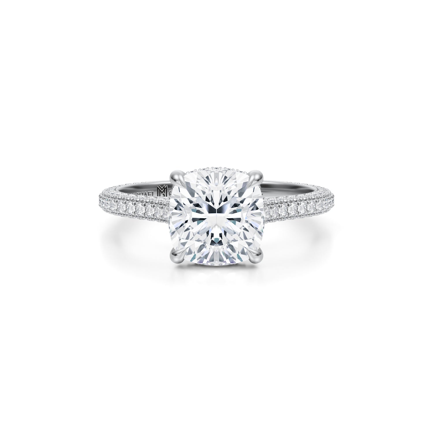 Cushion Trio Pave Cathedral Ring With Low Pave Basket (3.40 Carat E-VS1) - Michael Gabriels