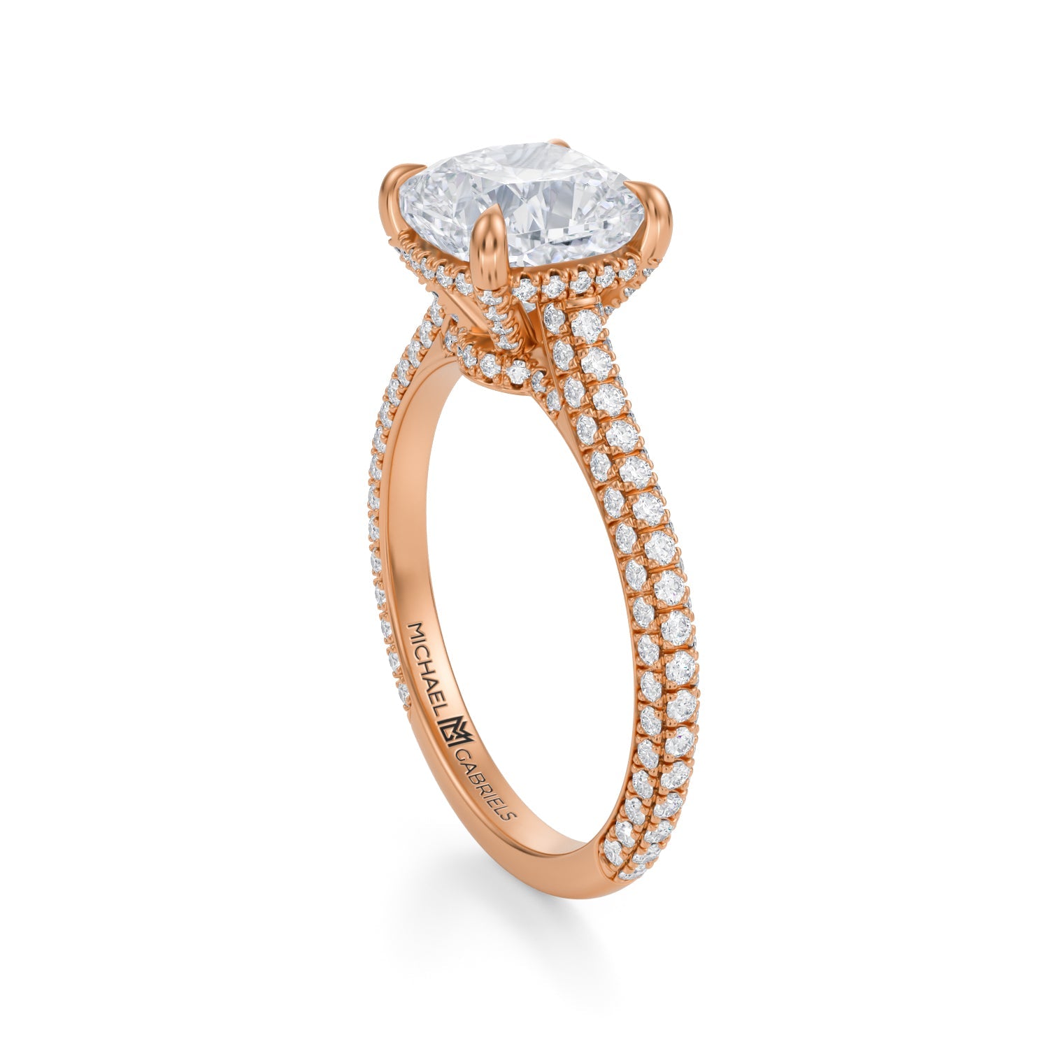 Cushion Trio Pave Cathedral Ring With Low Pave Basket (3.40 Carat E-VS1) - Michael Gabriels