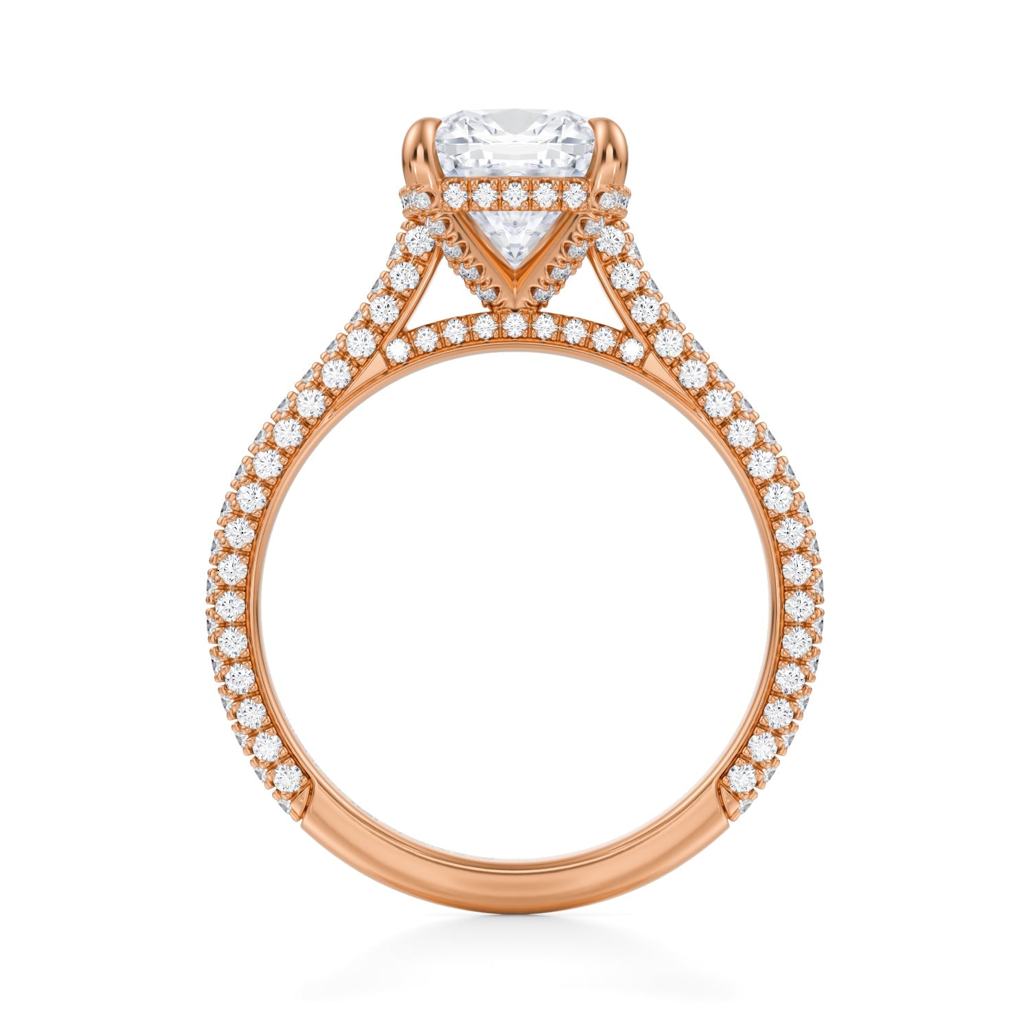 Cushion Trio Pave Cathedral Ring With Pave Basket (1.50 Carat E-VS1) - Michael Gabriels