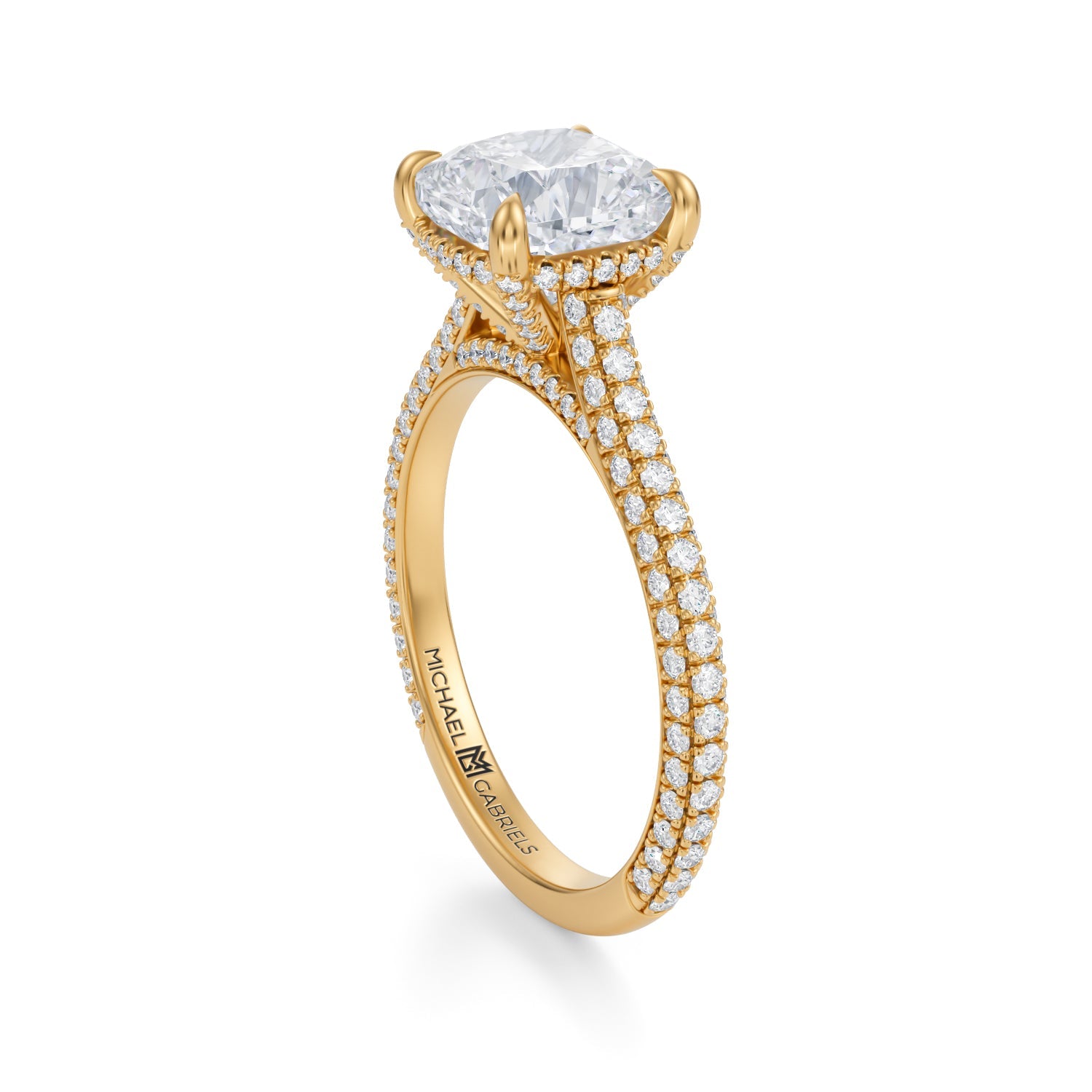 Cushion Trio Pave Cathedral Ring With Pave Basket (2.00 Carat F-VS1) - Michael Gabriels