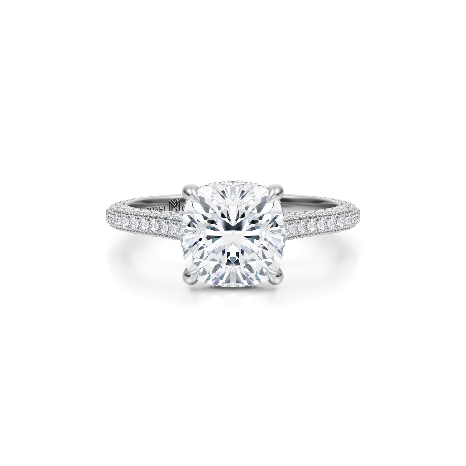 Cushion Trio Pave Cathedral Ring With Pave Basket (2.00 Carat F-VVS2) - Michael Gabriels