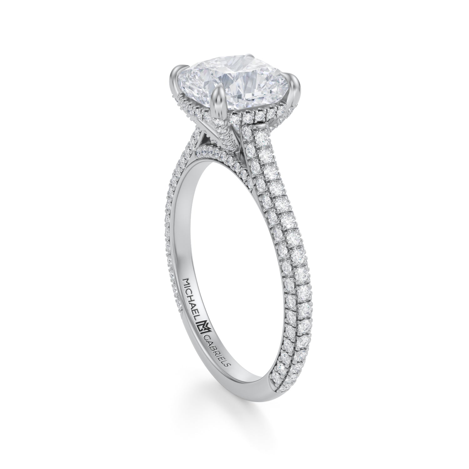 Cushion Trio Pave Cathedral Ring With Pave Basket (2.50 Carat E-VS1) - Michael Gabriels