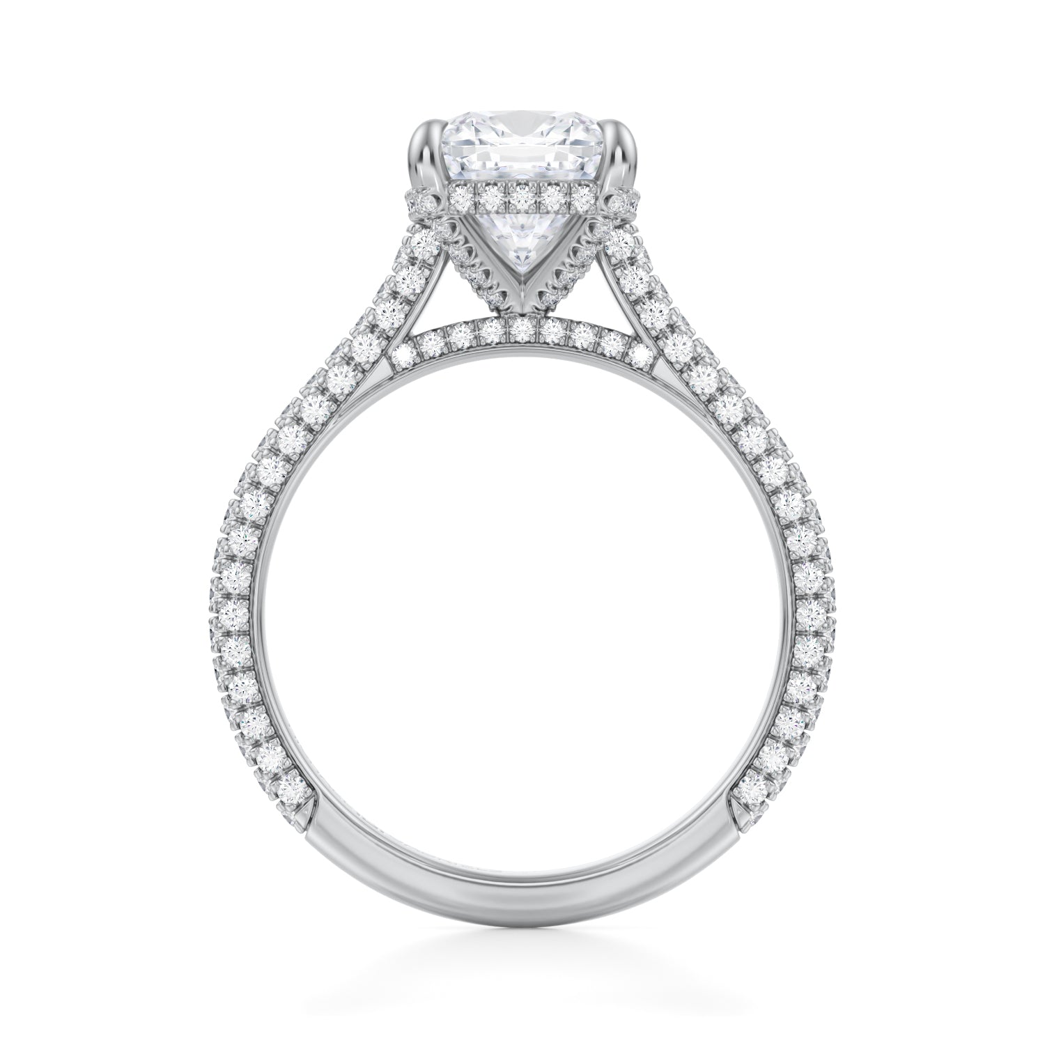 Cushion Trio Pave Cathedral Ring With Pave Basket (2.70 Carat E-VS1) - Michael Gabriels