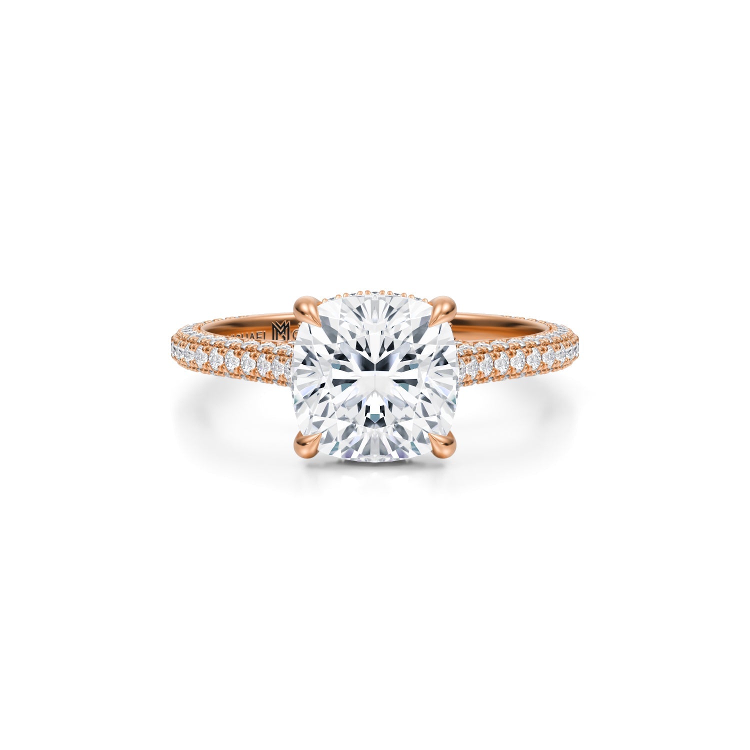 Cushion Trio Pave Cathedral Ring With Pave Basket (3.00 Carat D-VVS2) - Michael Gabriels