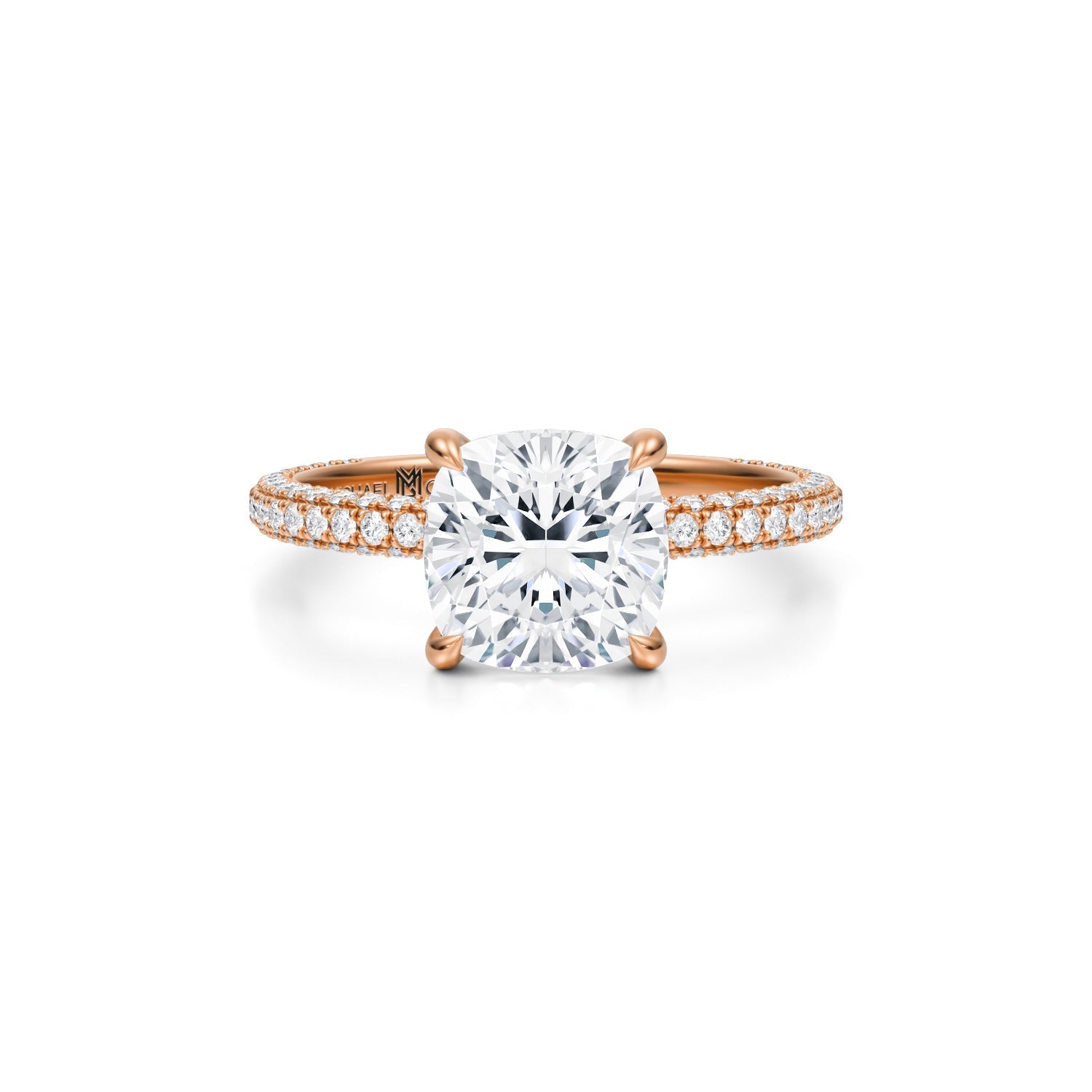 Cushion Trio Pave Ring With Pave Prongs (1.20 Carat F-VVS2) - Michael Gabriels