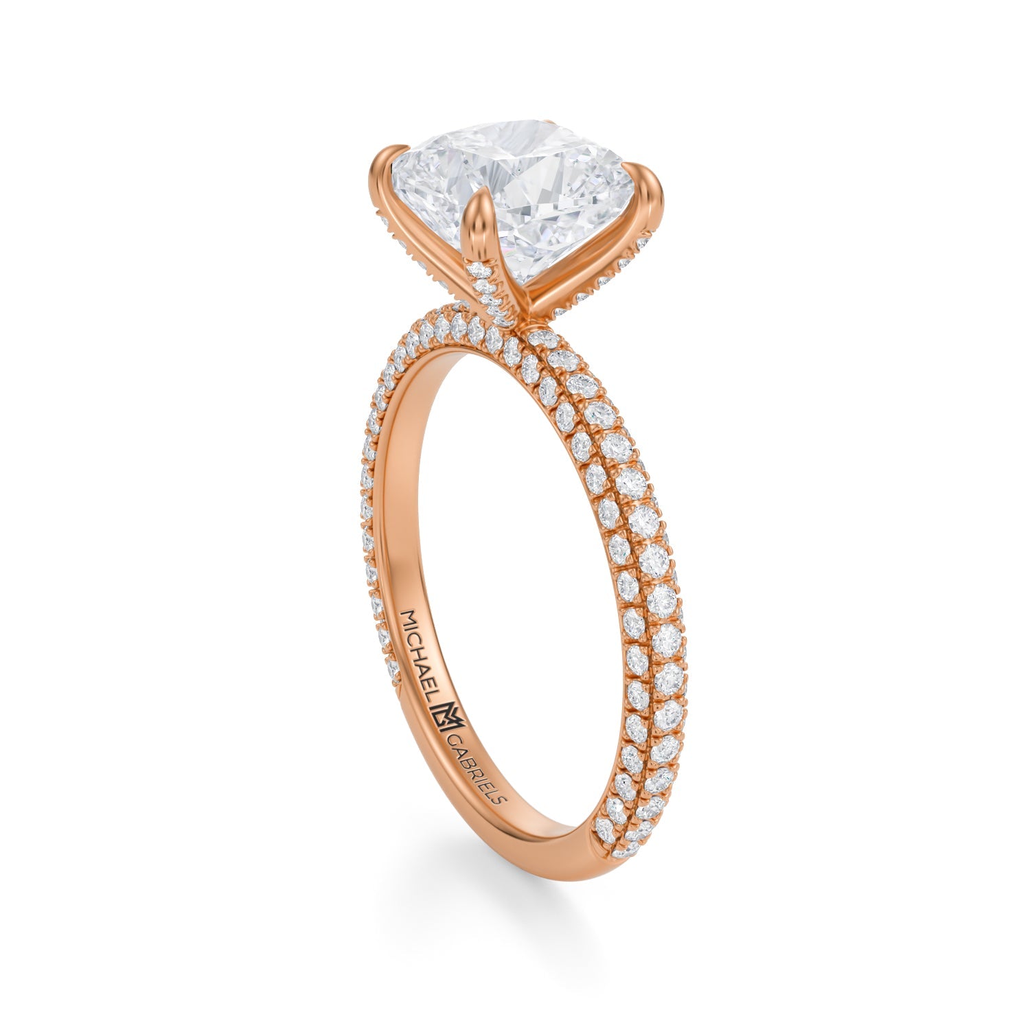 Cushion Trio Pave Ring With Pave Prongs (1.40 Carat D-VVS2) - Michael Gabriels