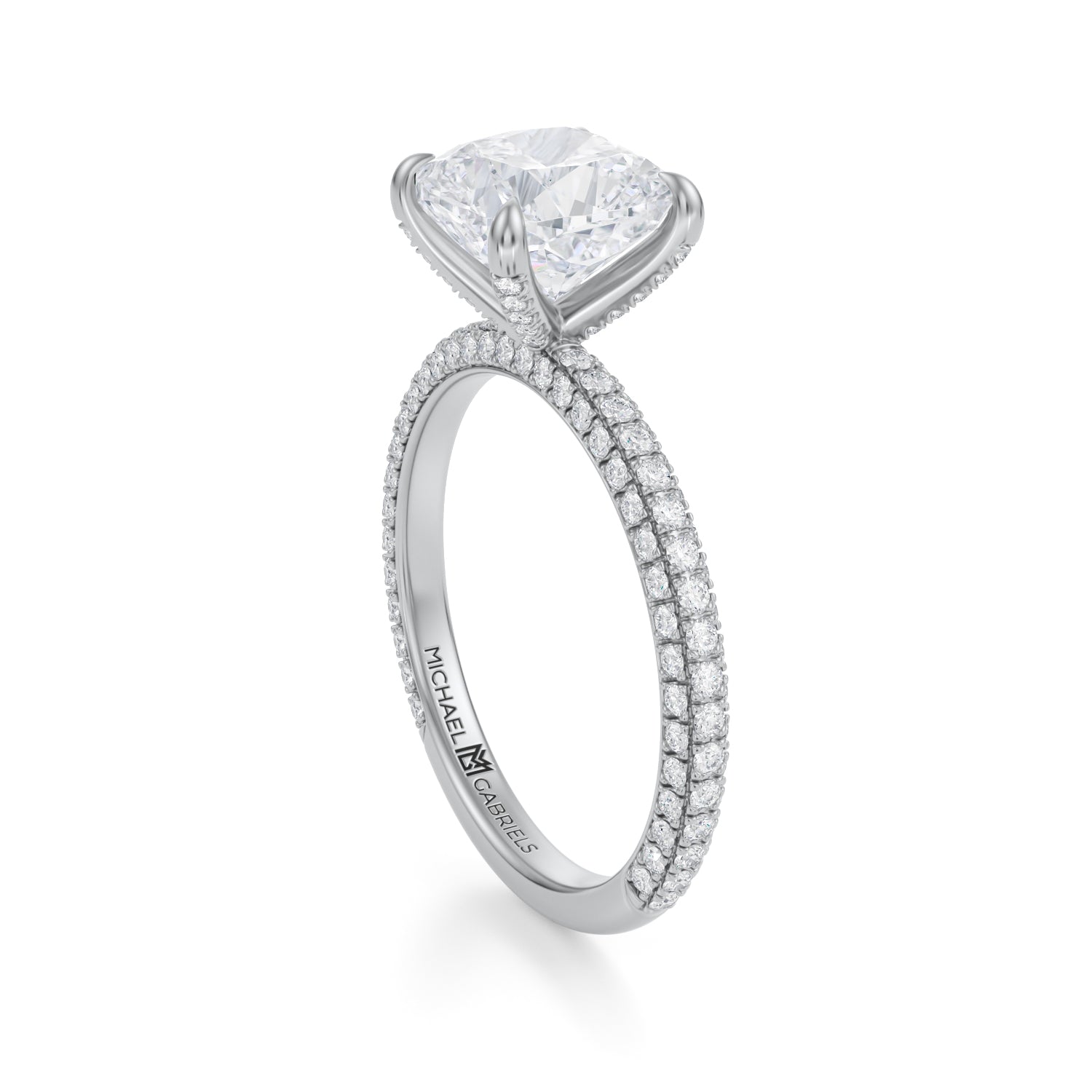 Cushion Trio Pave Ring With Pave Prongs (2.20 Carat E-VS1) - Michael Gabriels