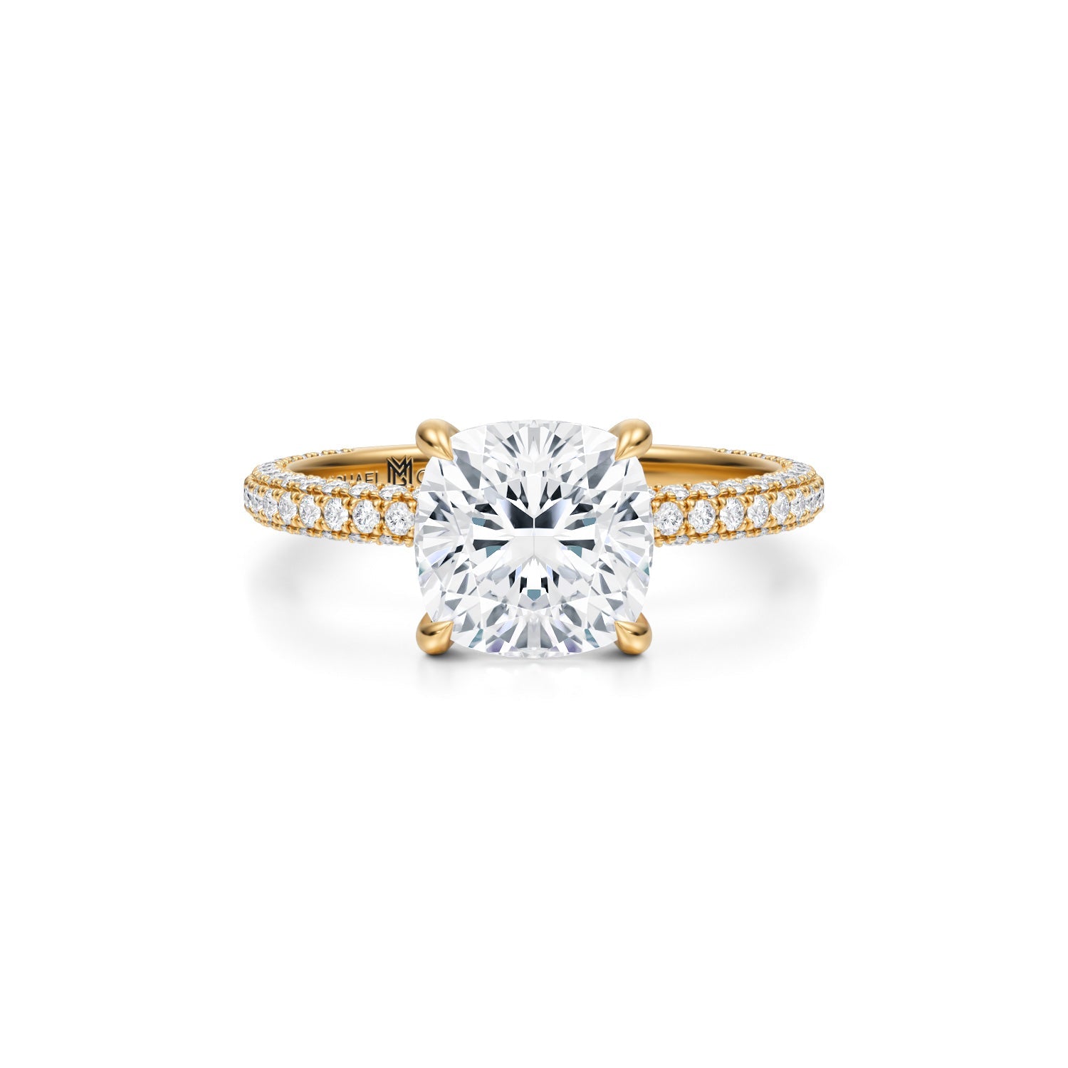 Cushion Trio Pave Ring With Pave Prongs (2.70 Carat F-VS1) - Michael Gabriels