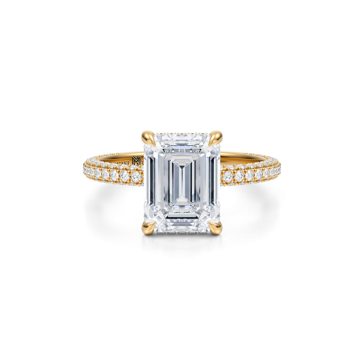 Emerald Invisible Halo With Trio Pave Ring (3.70 Carat F-VS1) - Michael Gabriels