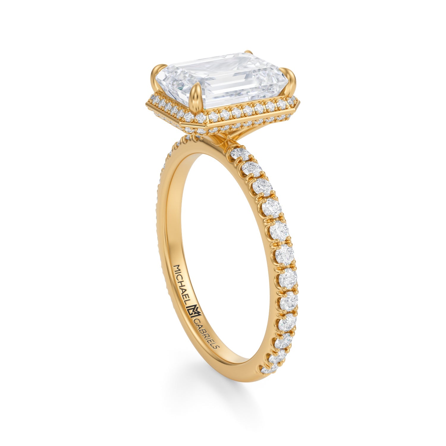 Emerald Knife Edge Halo With Pave Ring (1.50 Carat G-VS1) - Michael Gabriels