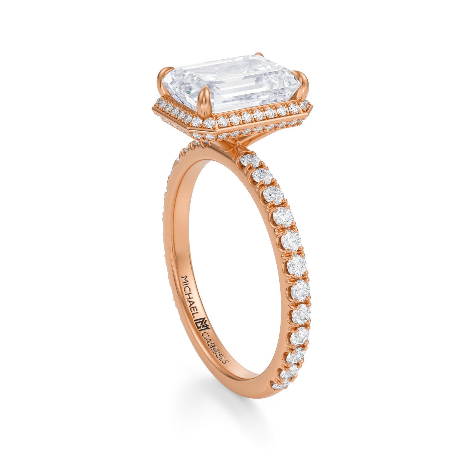 Emerald Knife Edge Halo With Pave Ring (1.70 Carat F-VVS2) - Michael Gabriels