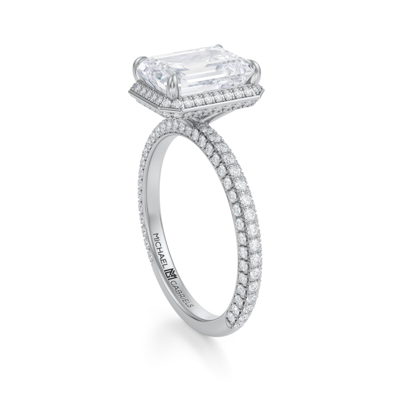 Emerald Knife Edge Halo With Trio Pave Ring (1.70 Carat E-VVS2) - Michael Gabriels