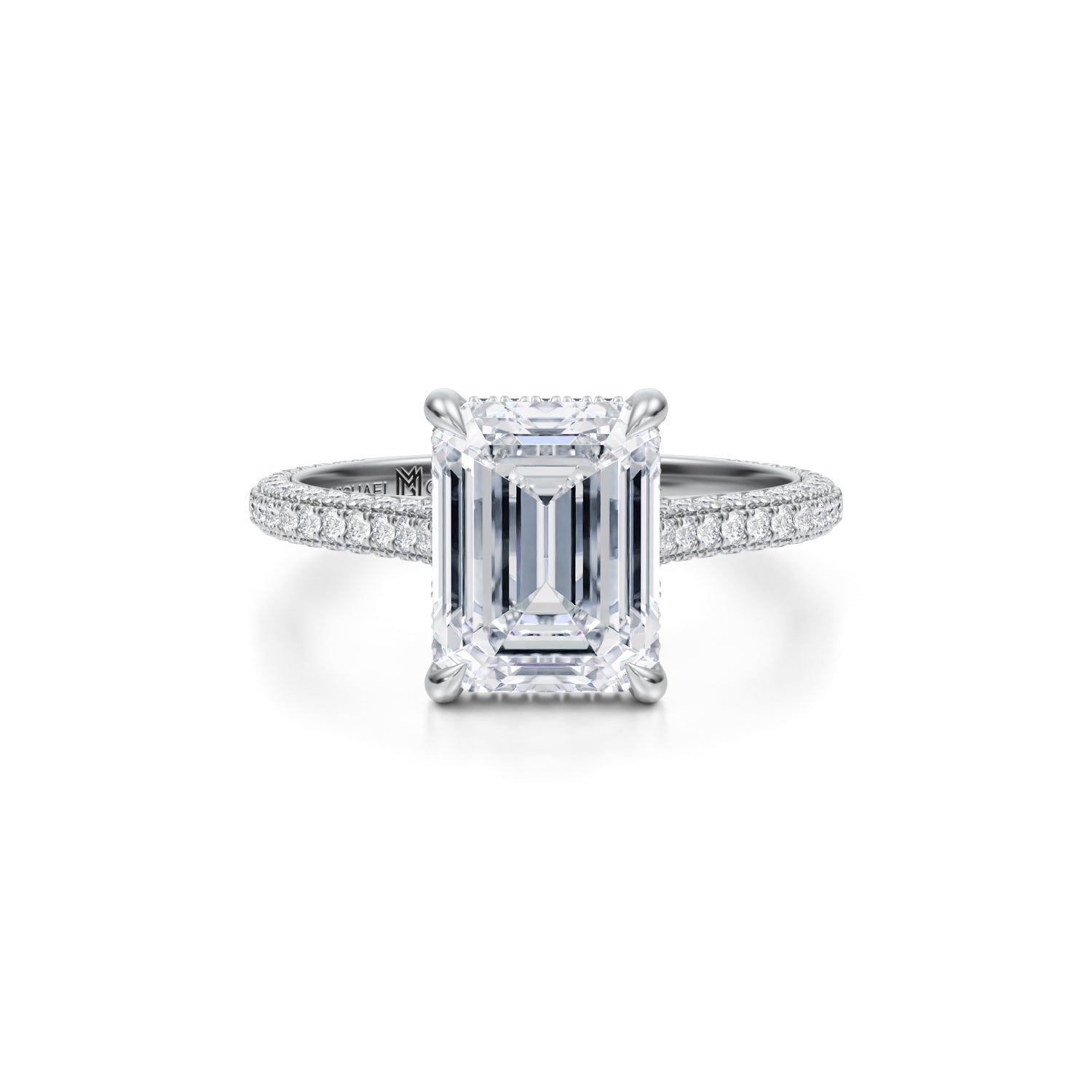 Emerald Trio Pave Cathedral Ring With Low Pave Basket (3.40 Carat D-VVS2) - Michael Gabriels
