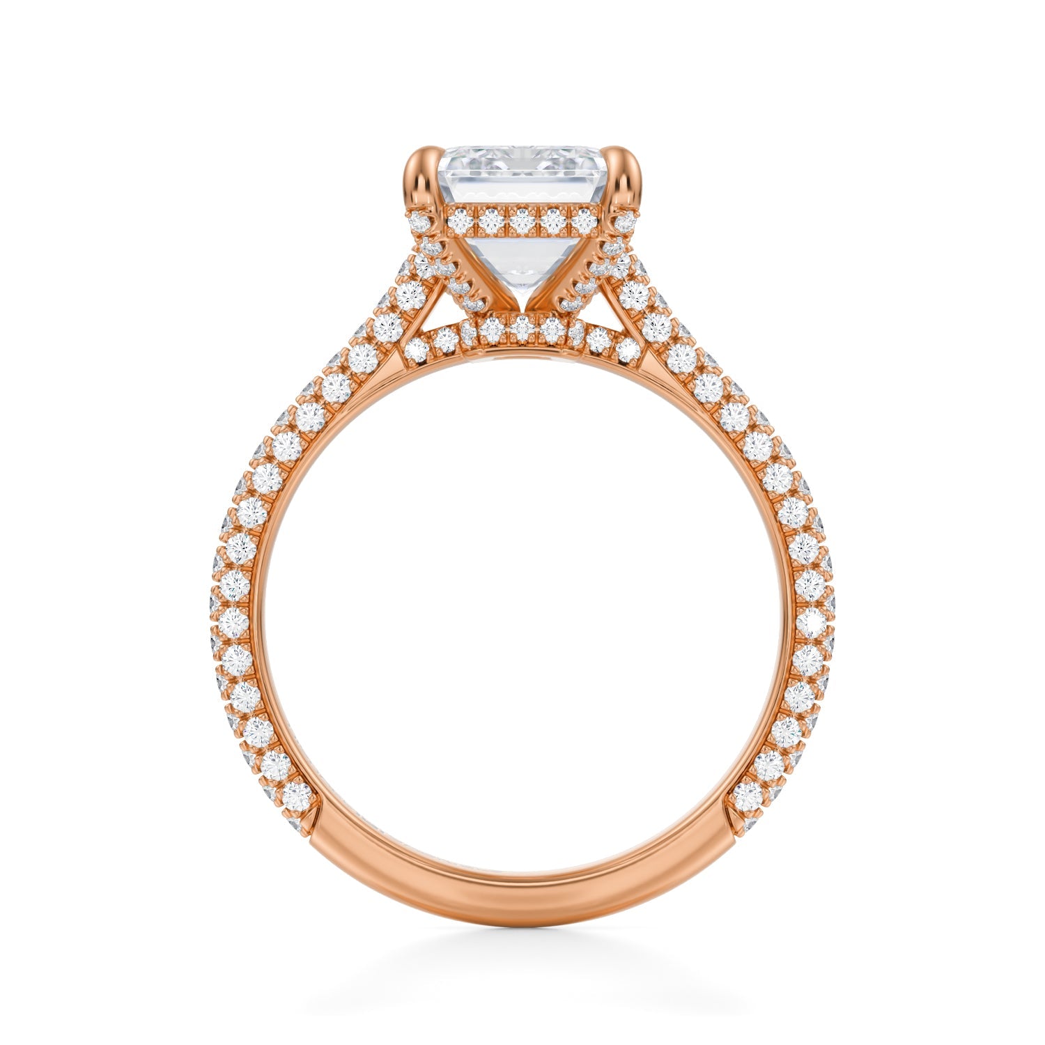 Emerald Trio Pave Cathedral Ring With Low Pave Basket (3.70 Carat G-VS1) - Michael Gabriels