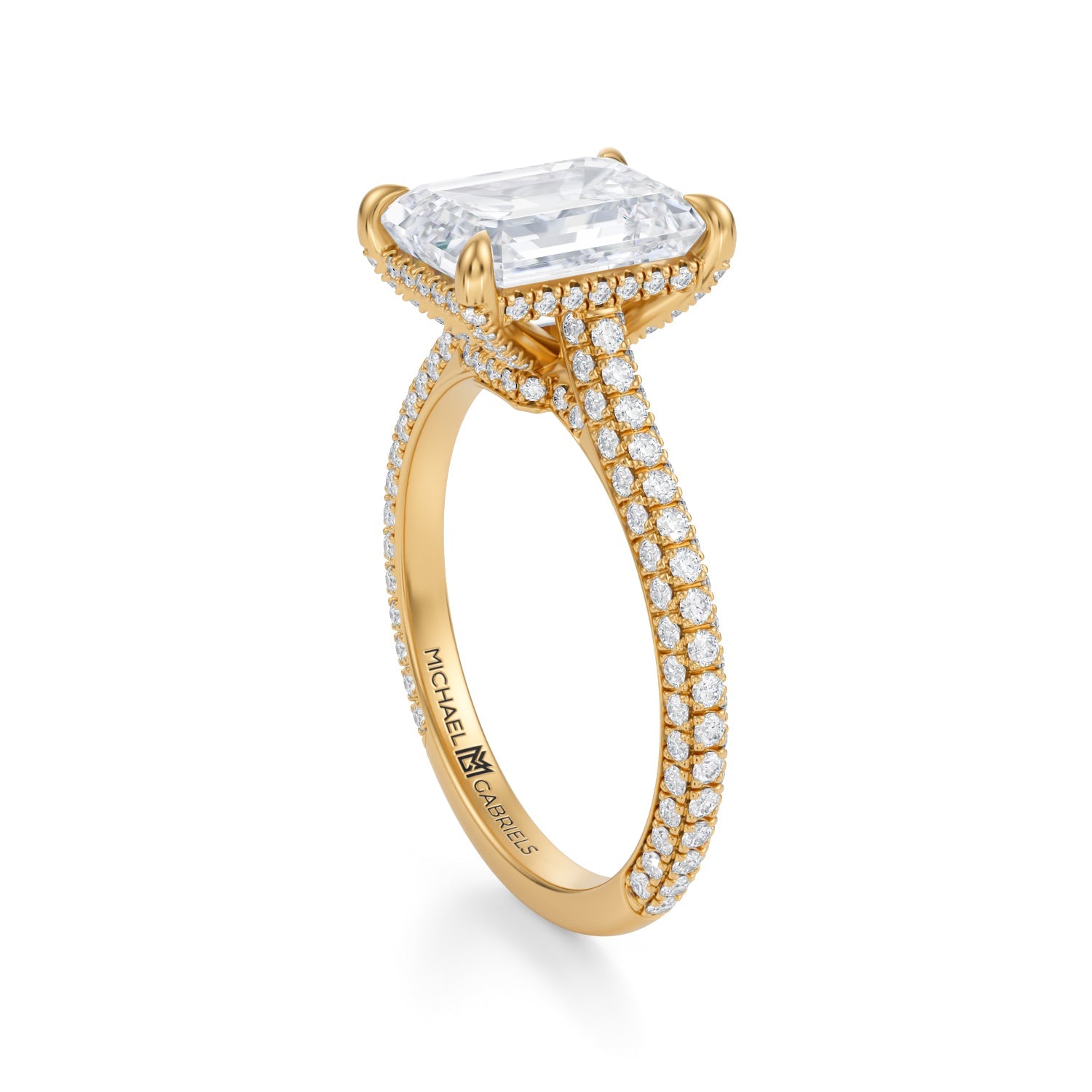 Emerald Trio Pave Cathedral Ring With Low Pave Basket (3.70 Carat G-VS1) - Michael Gabriels