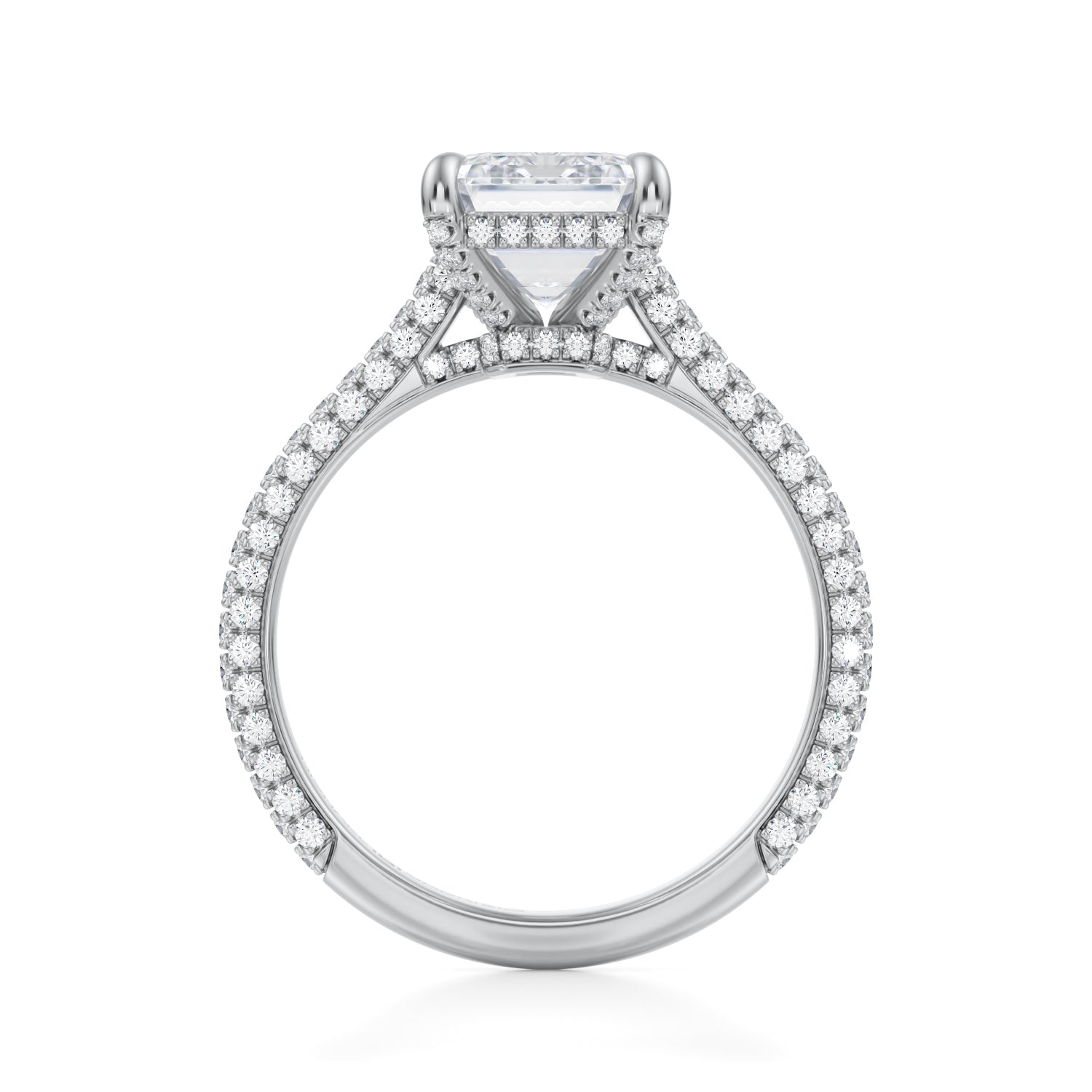Emerald Trio Pave Cathedral Ring With Low Pave Basket (3.70 Carat G-VS1) - Michael Gabriels