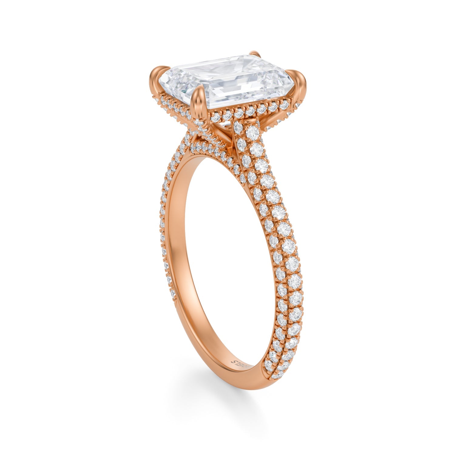 Emerald Trio Pave Cathedral Ring With Pave Basket (1.50 Carat E-VS1) - Michael Gabriels