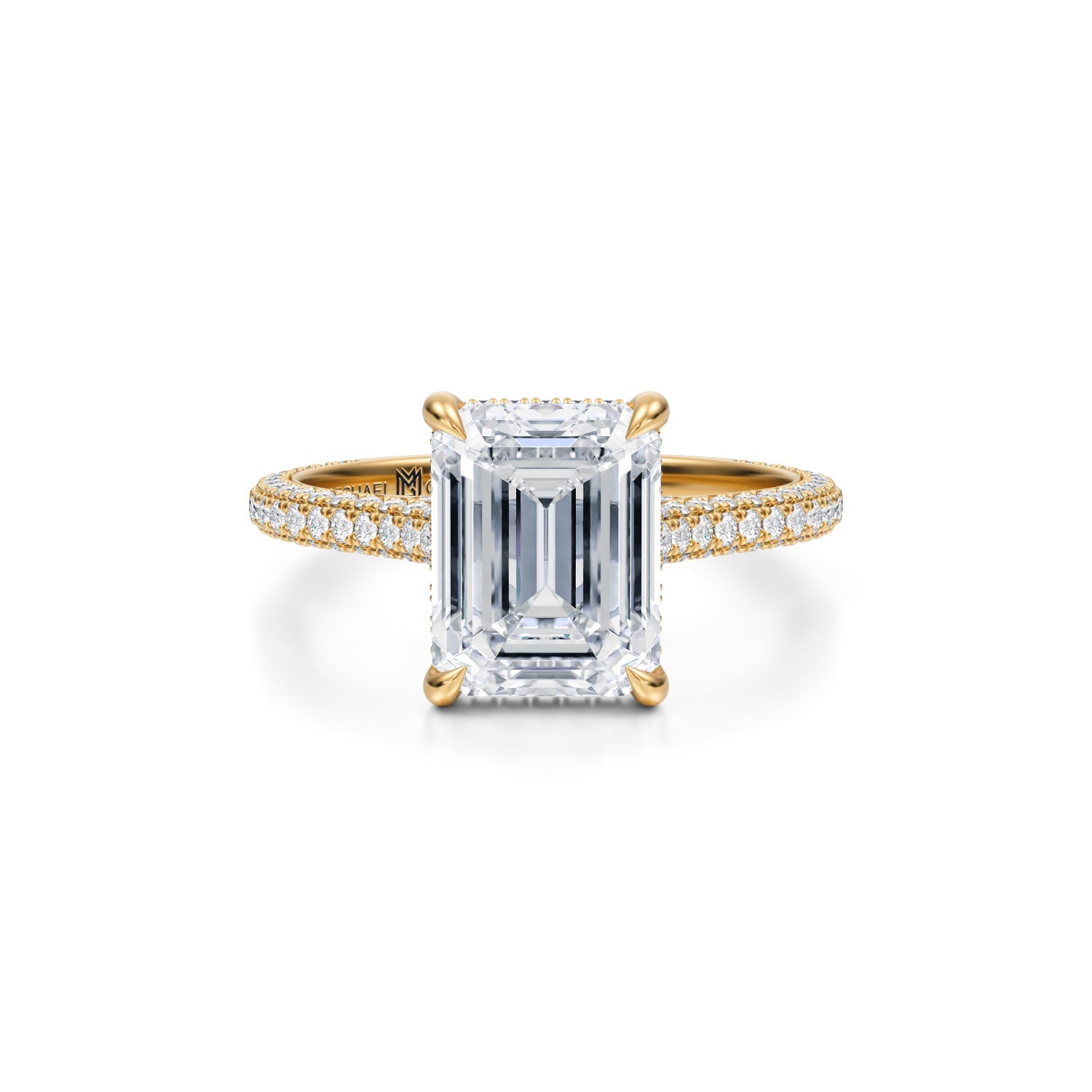 Emerald Trio Pave Cathedral Ring With Pave Basket (1.50 Carat E-VS1) - Michael Gabriels