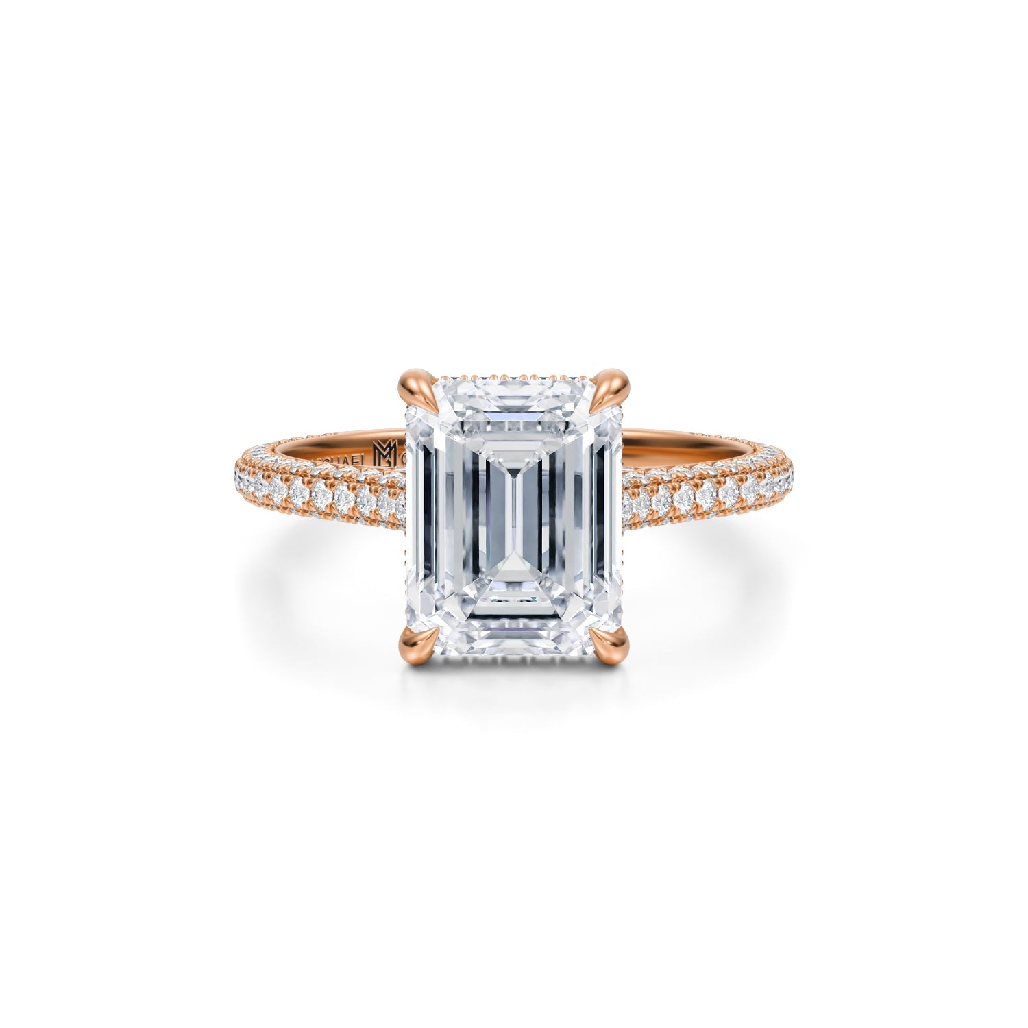 Emerald Trio Pave Cathedral Ring With Pave Basket (2.20 Carat D-VVS2) - Michael Gabriels