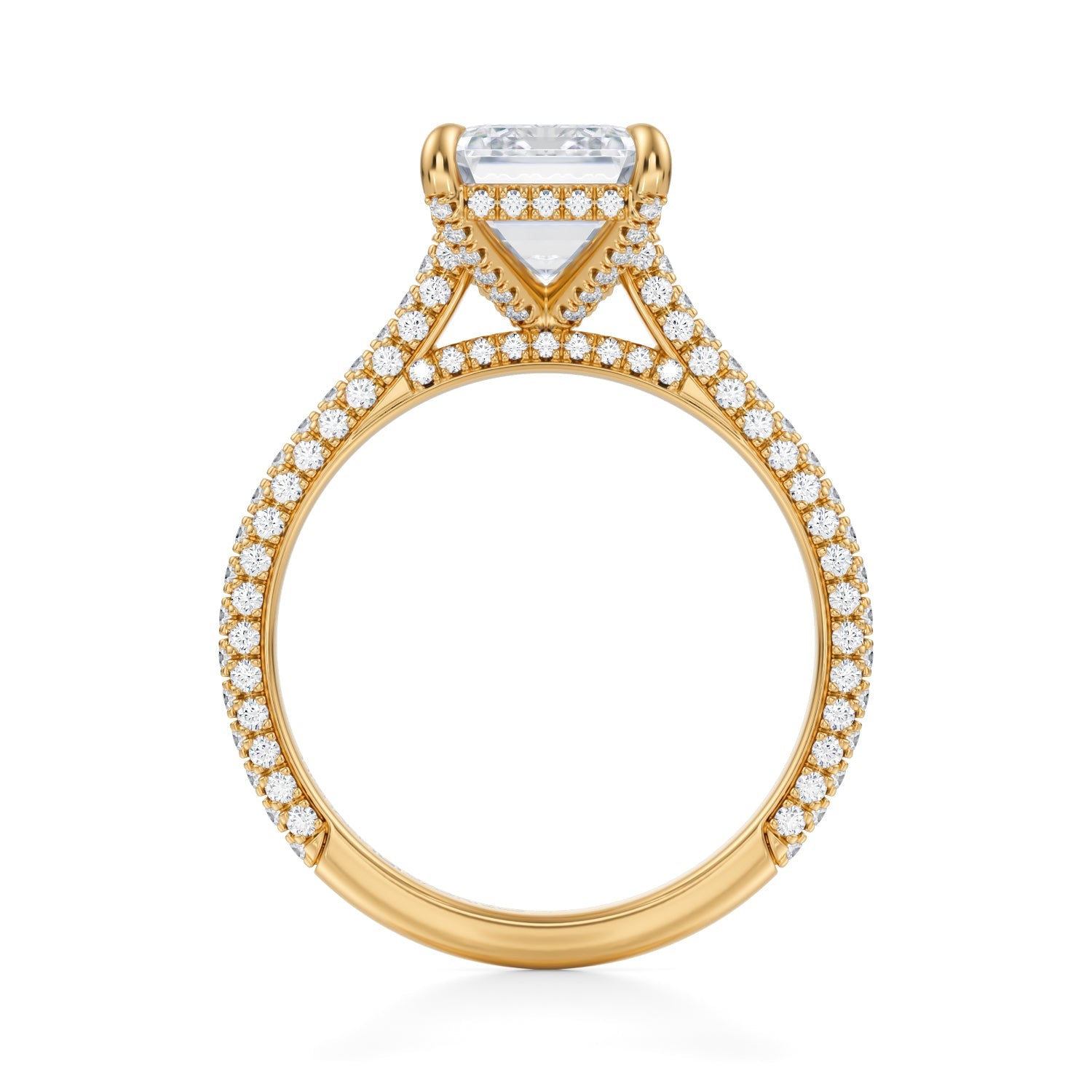 Emerald Trio Pave Cathedral Ring With Pave Basket (2.20 Carat E-VS1) - Michael Gabriels