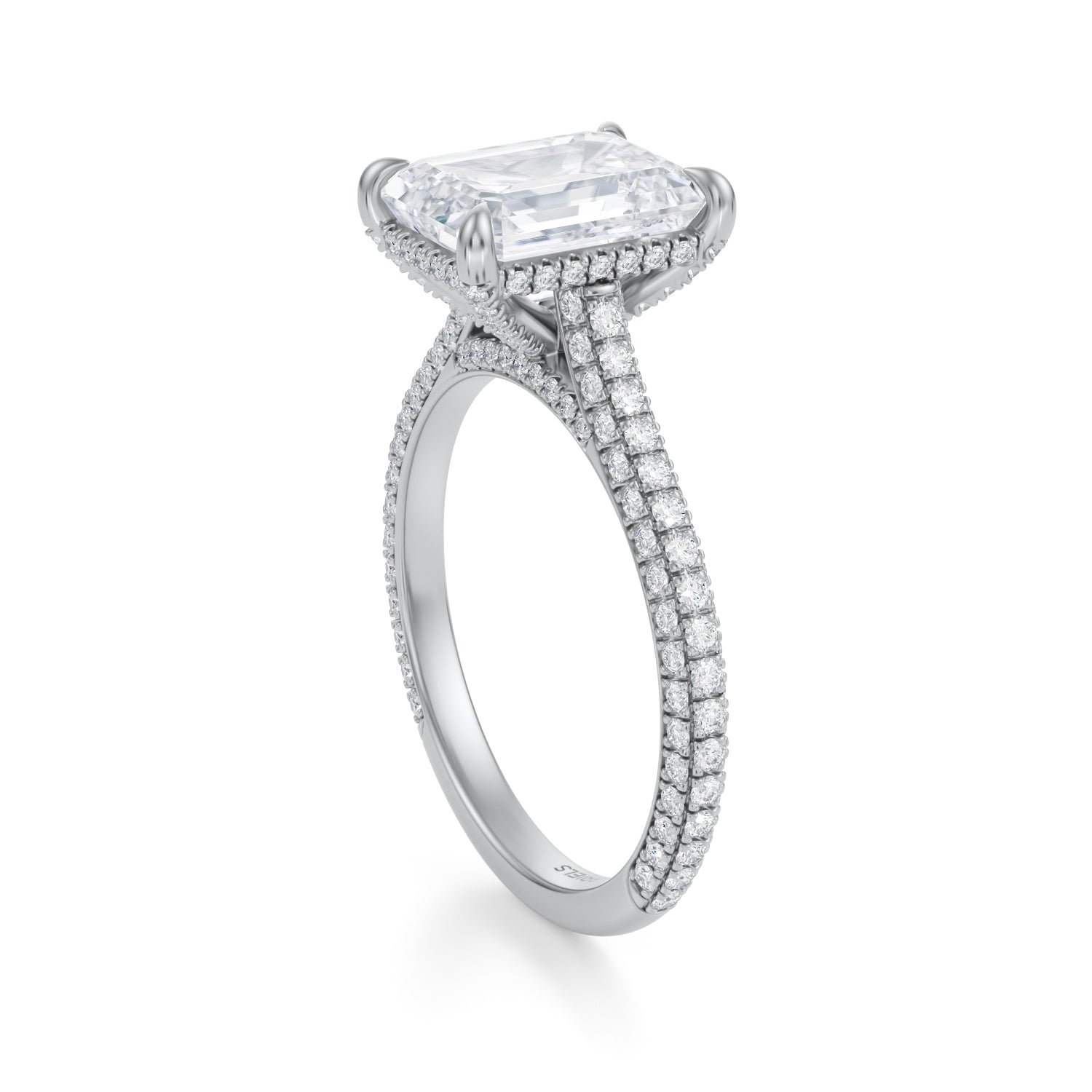 Emerald Trio Pave Cathedral Ring With Pave Basket (2.40 Carat E-VVS2) - Michael Gabriels